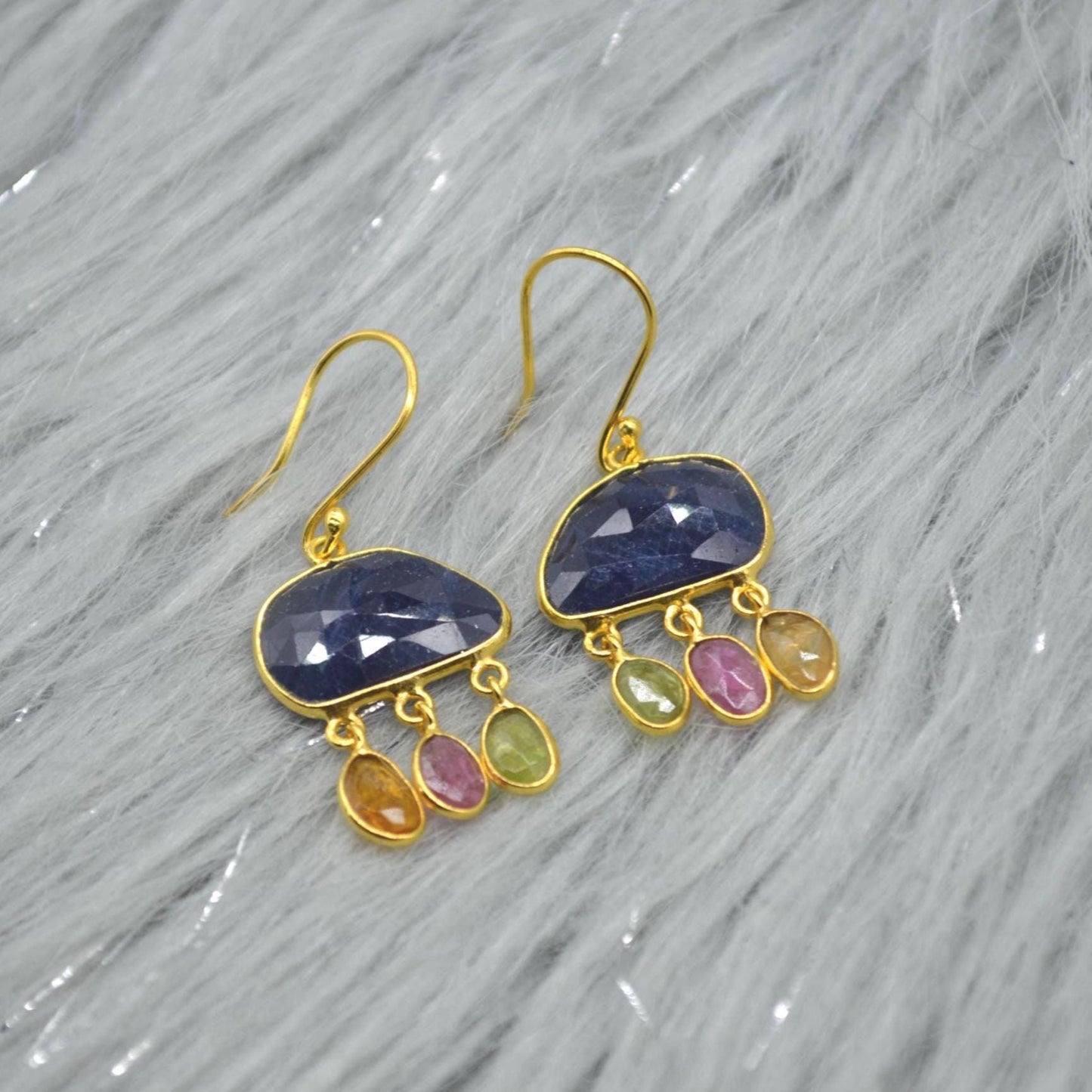 Blue Sapphire Tourmaline Silver Earrings: Gemstone Gold Dangle Drop, September October Birthstone