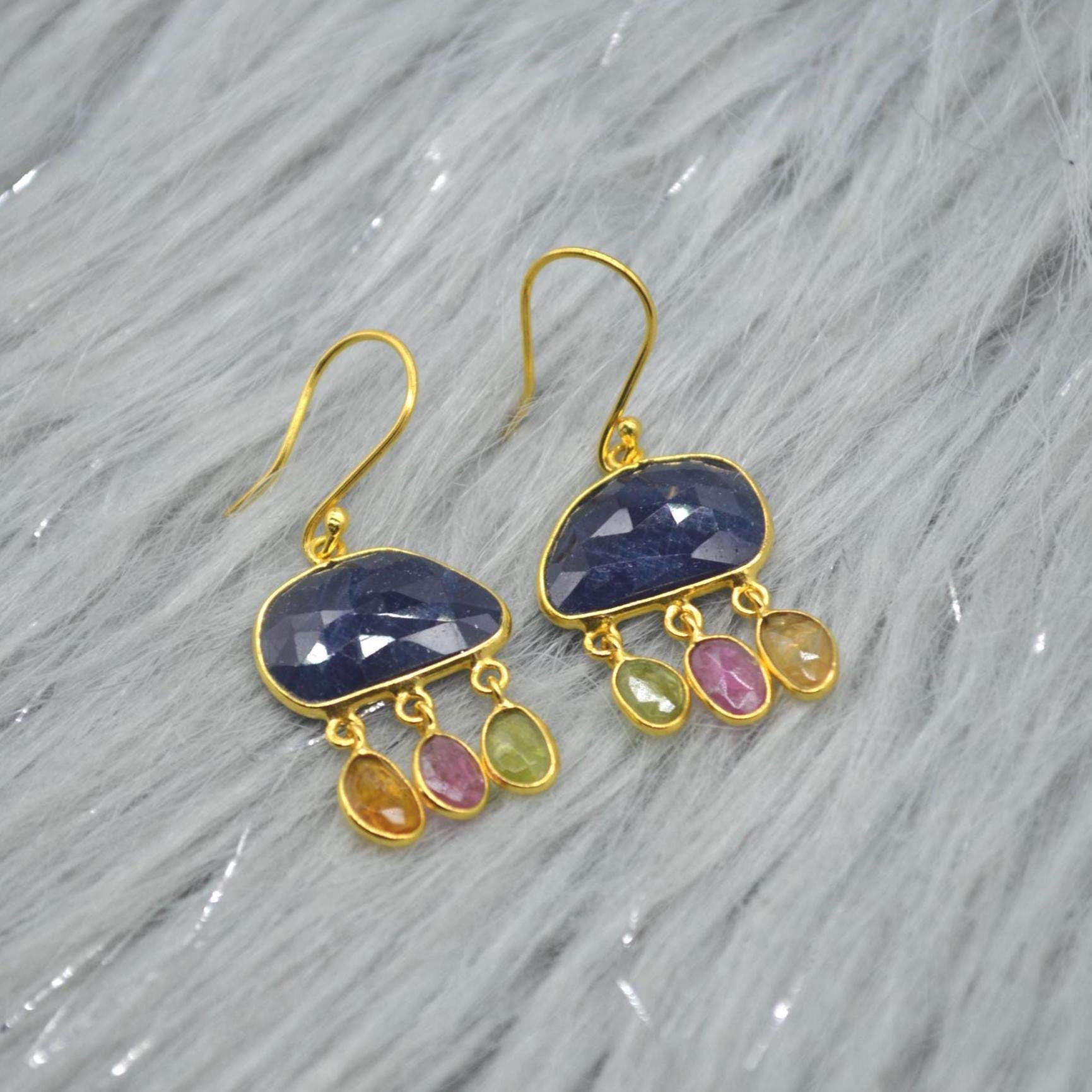 Blue Sapphire Tourmaline Silver Earrings: Gemstone Gold Dangle Drop, September October Birthstone