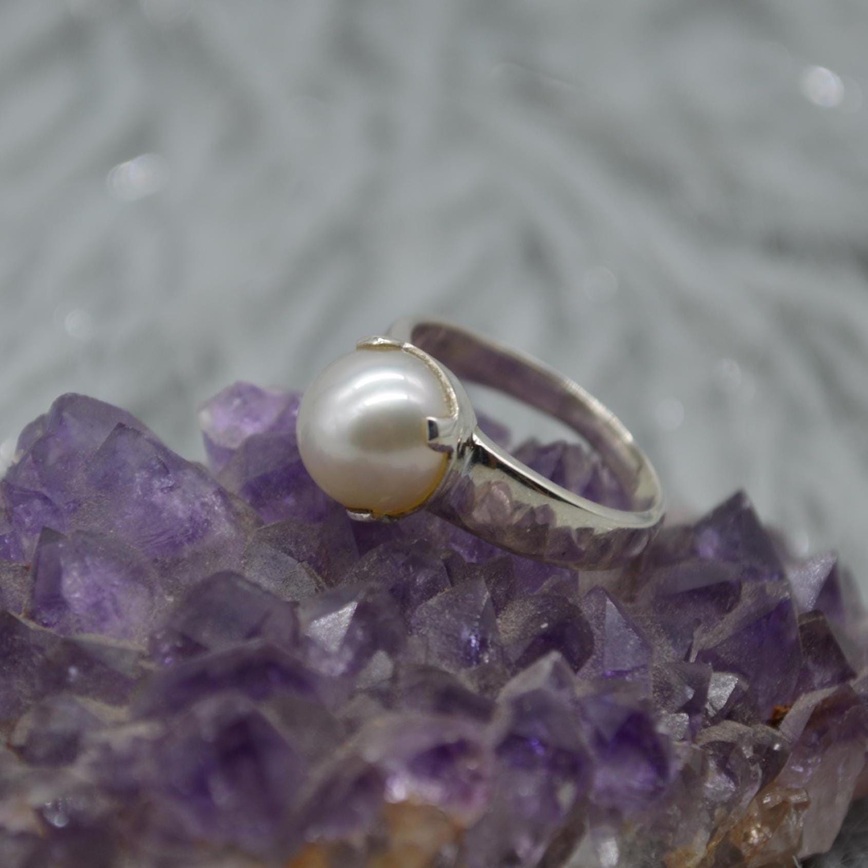 Freshwater Pearl Sterling Silver Ring: 5.9ct, UK Size N, June Birthstone, White Gemstone Jewelry