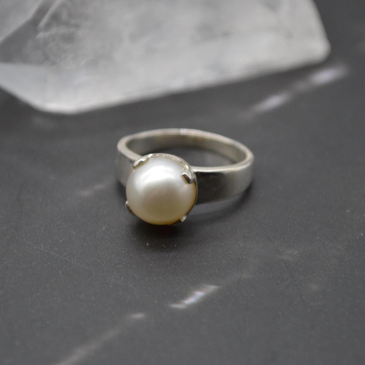 Freshwater Pearl Sterling Silver Ring: 5.9ct, UK Size N, June Birthstone, White Gemstone Jewelry
