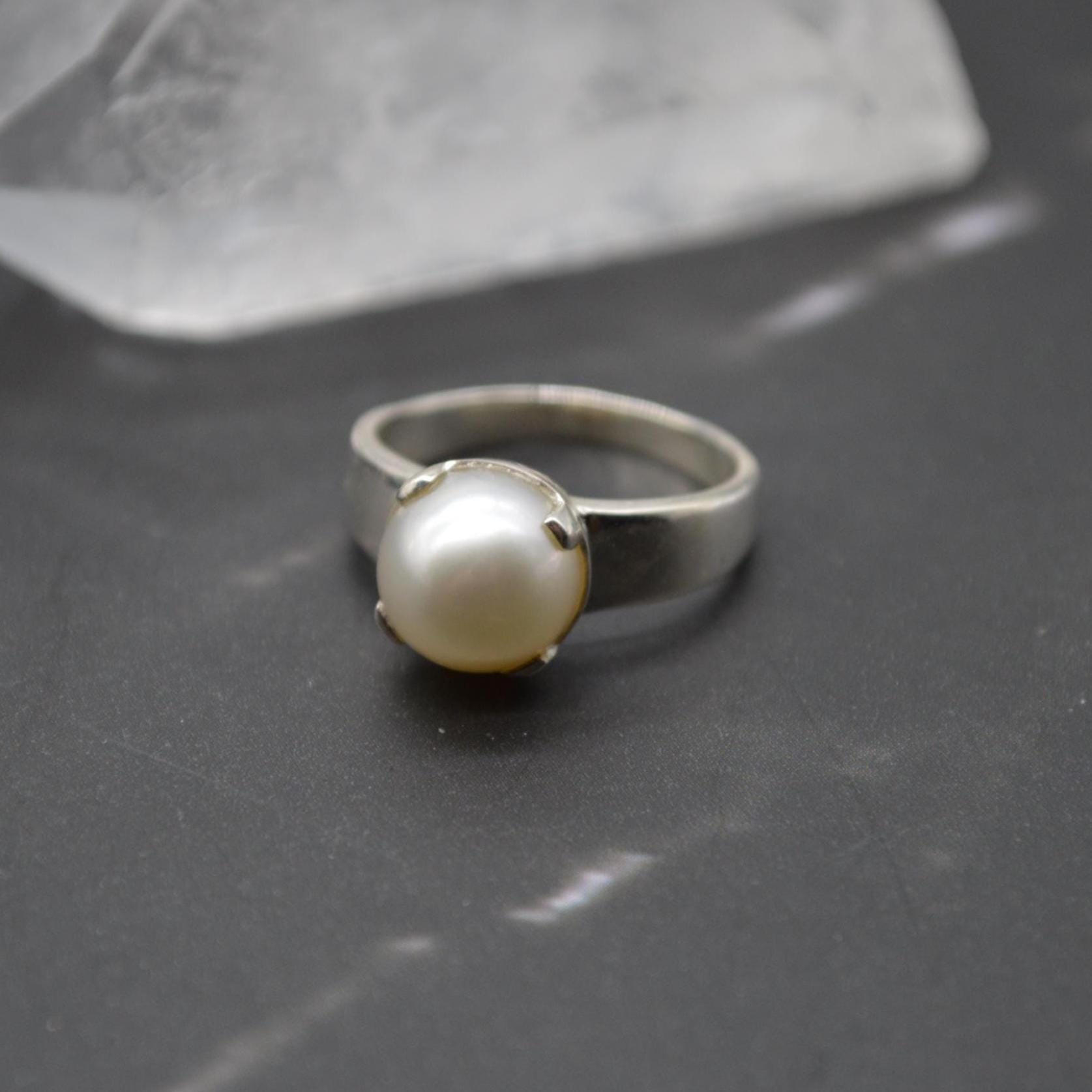 Freshwater Pearl Sterling Silver Ring: 5.9ct, UK Size N, June Birthstone, White Gemstone Jewelry