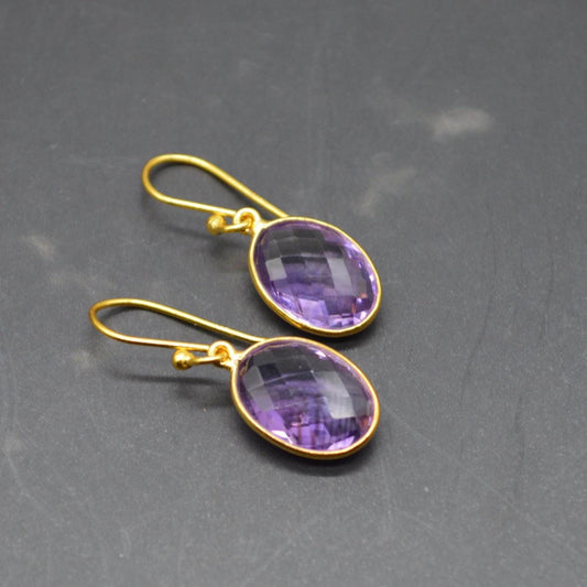 Amethyst Gold Earrings: February Birthstone, Gold Plated Sterling Silver, Purple Gemstone Jewelry
