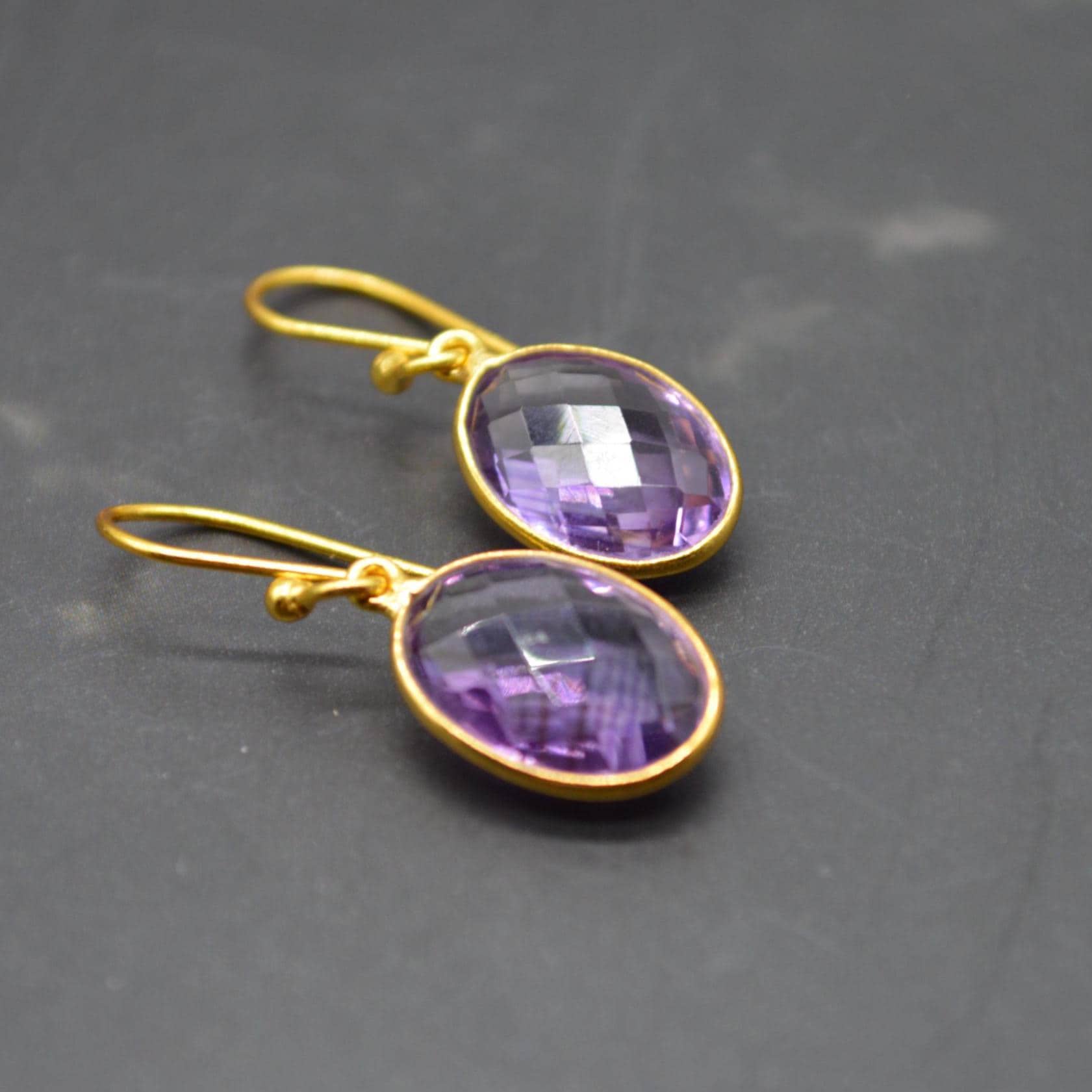 Amethyst Gold Earrings: February Birthstone, Gold Plated Sterling Silver, Purple Gemstone Jewelry