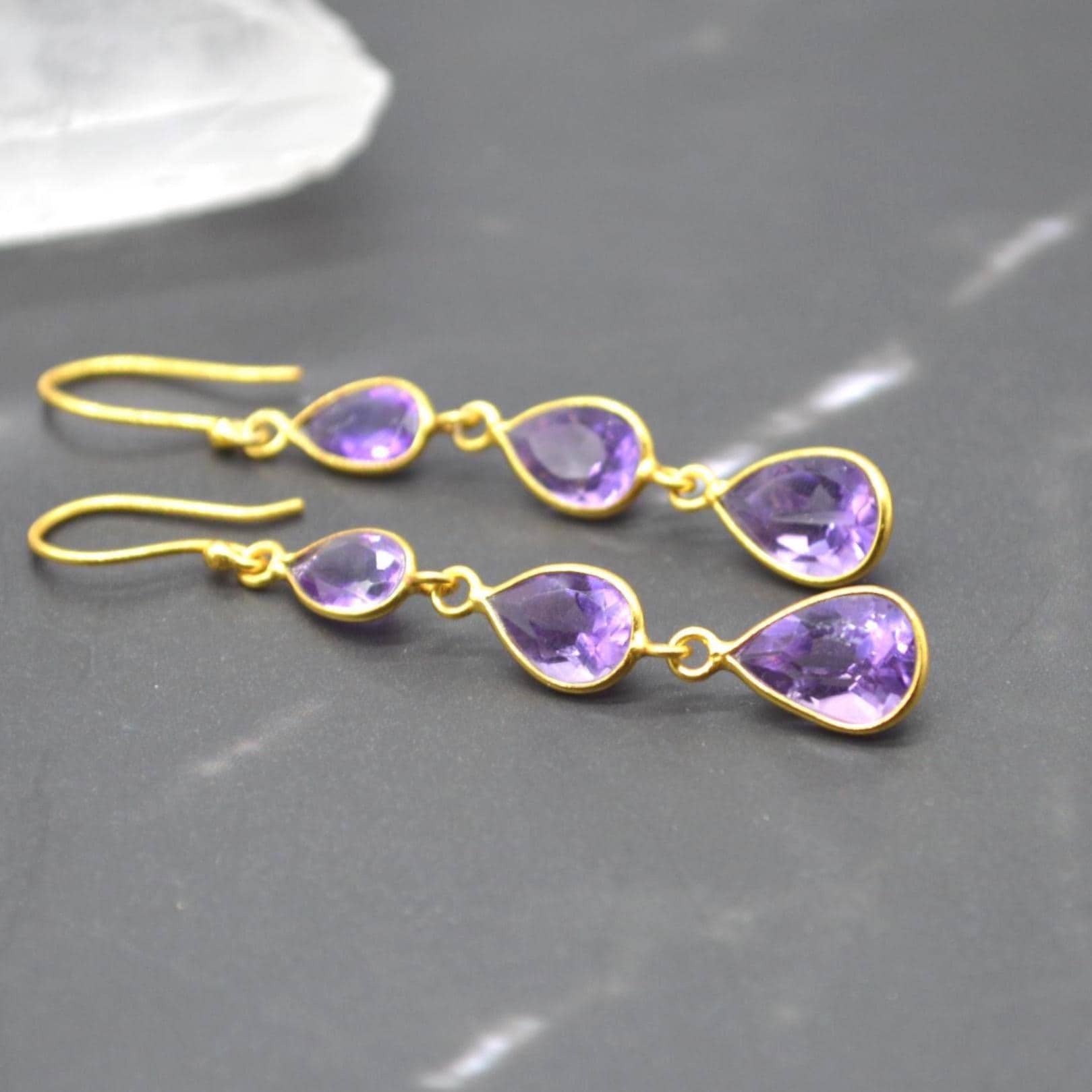 Amethyst Gold Plated Silver Drop Earrings: Purple Gemstone Teardrop, February Birthstone