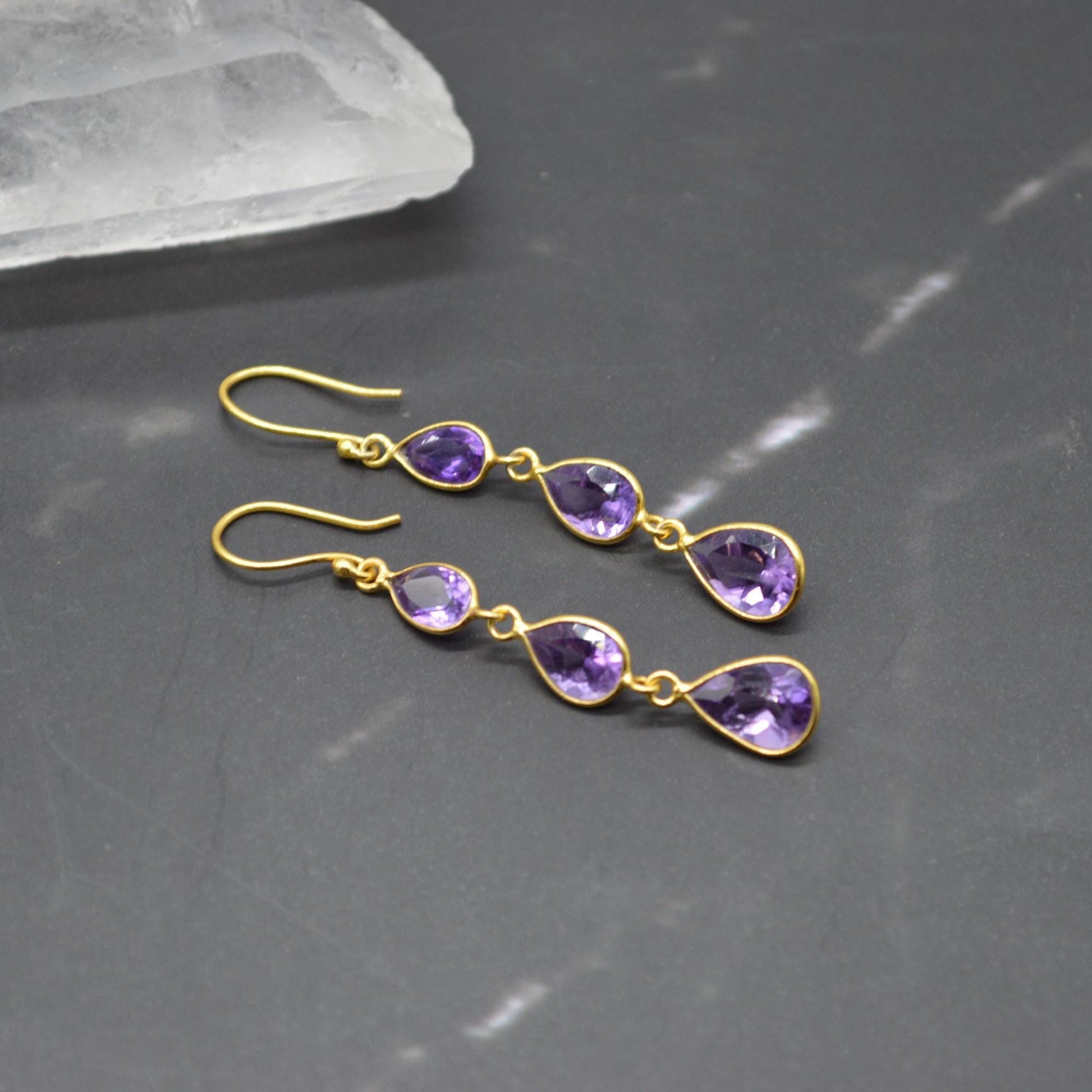 Amethyst Gold Plated Silver Drop Earrings: Purple Gemstone Teardrop, February Birthstone