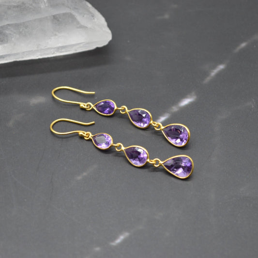 Amethyst Gold Plated Silver Drop Earrings: Purple Gemstone Teardrop, February Birthstone