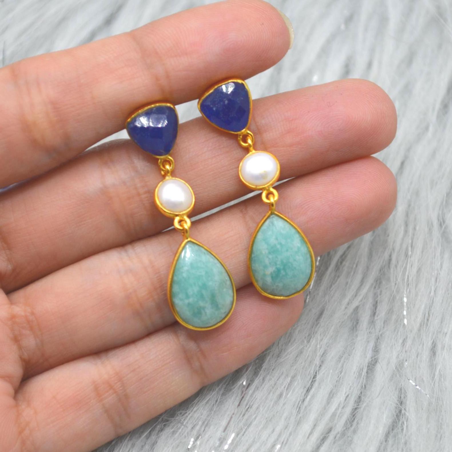 Blue Jade Pearl Amazonite Silver Earrings: Blue White Gemstone Jewelry, June Birthstone Gold Drop