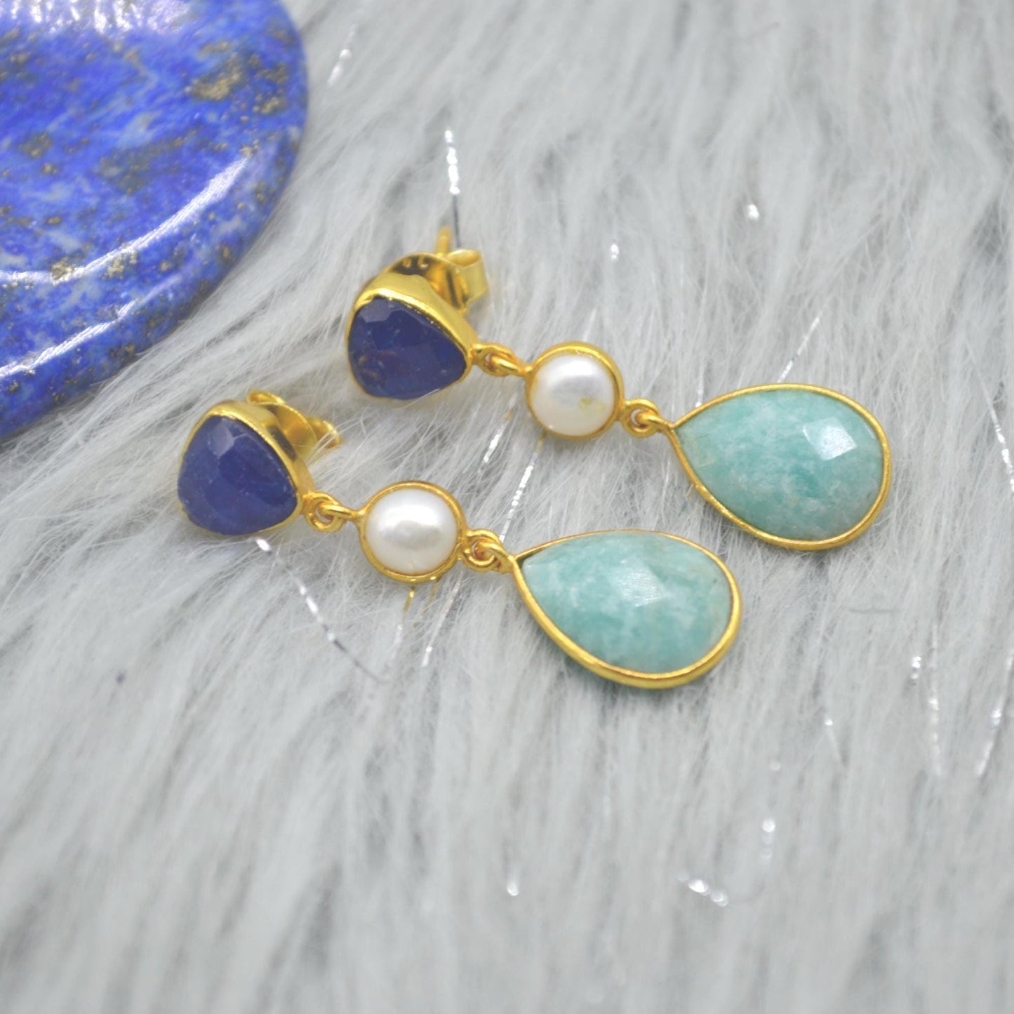 Blue Jade Pearl Amazonite Silver Earrings: Blue White Gemstone Jewelry, June Birthstone Gold Drop