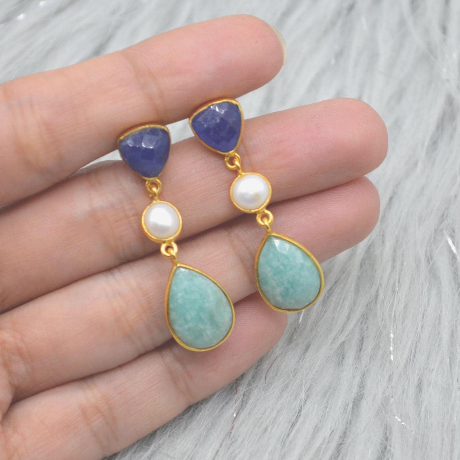 Blue Jade Pearl Amazonite Silver Earrings: Blue White Gemstone Jewelry, June Birthstone Gold Drop