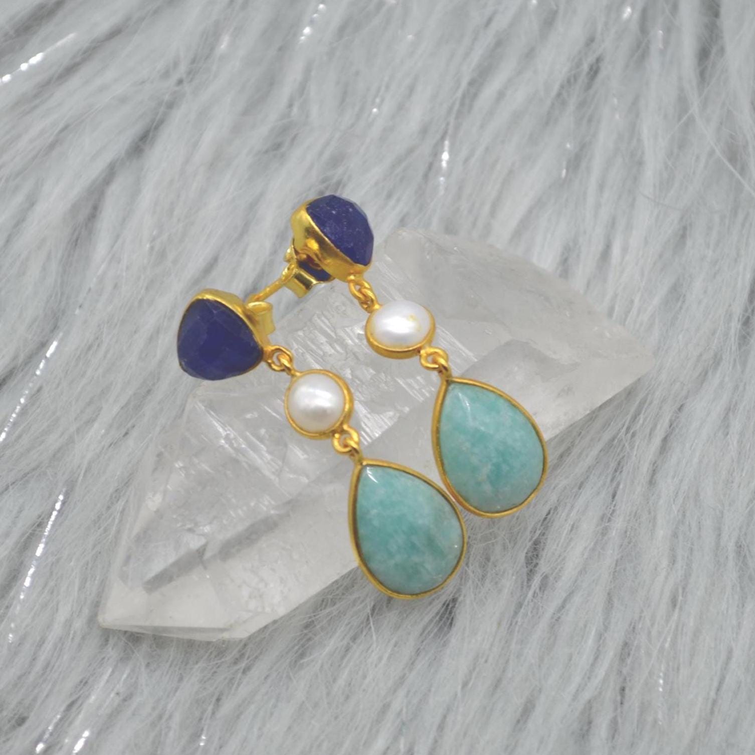 Blue Jade Pearl Amazonite Silver Earrings: Blue White Gemstone Jewelry, June Birthstone Gold Drop