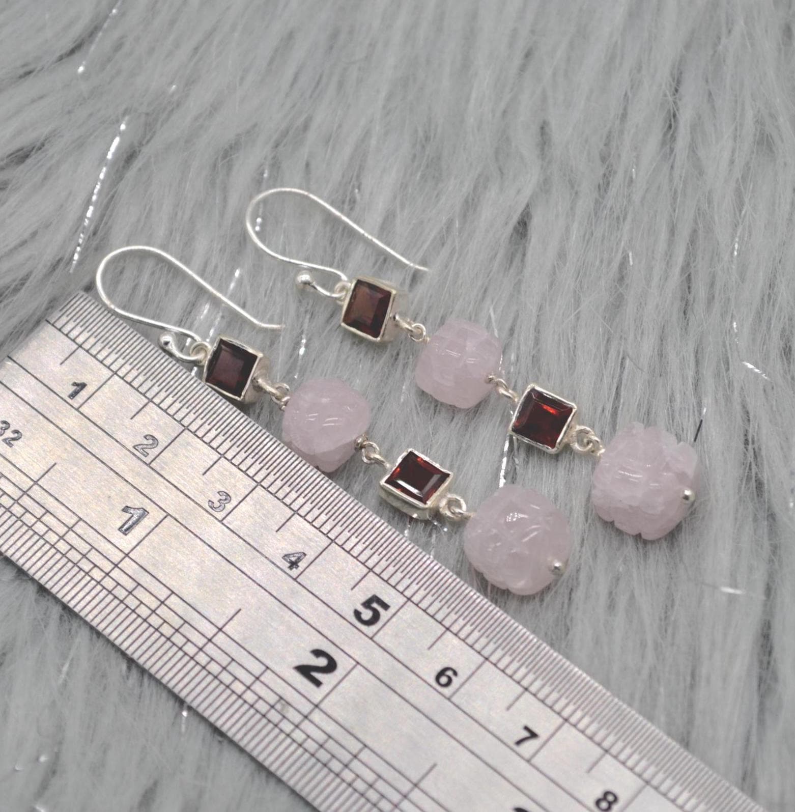 Pink Jade Red Garnet Silver Earrings: Gemstone Dangle Drop, January Birthstone Jewelry