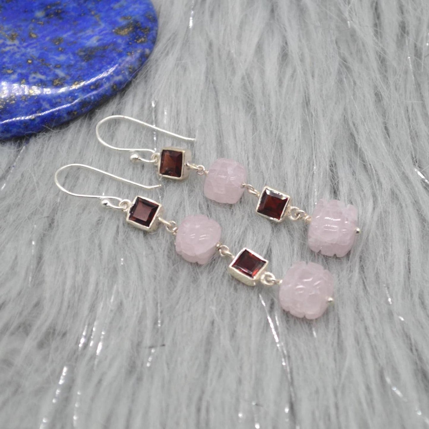 Pink Jade Red Garnet Silver Earrings: Gemstone Dangle Drop, January Birthstone Jewelry