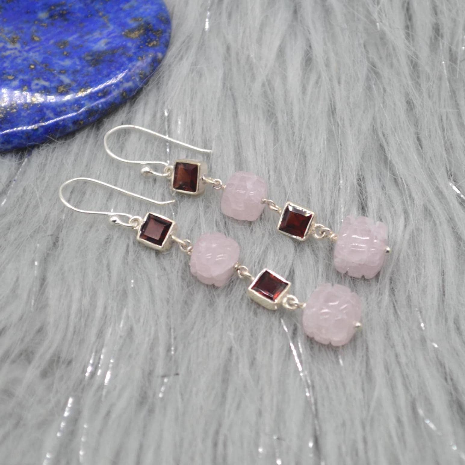 Pink Jade Red Garnet Silver Earrings: Gemstone Dangle Drop, January Birthstone Jewelry