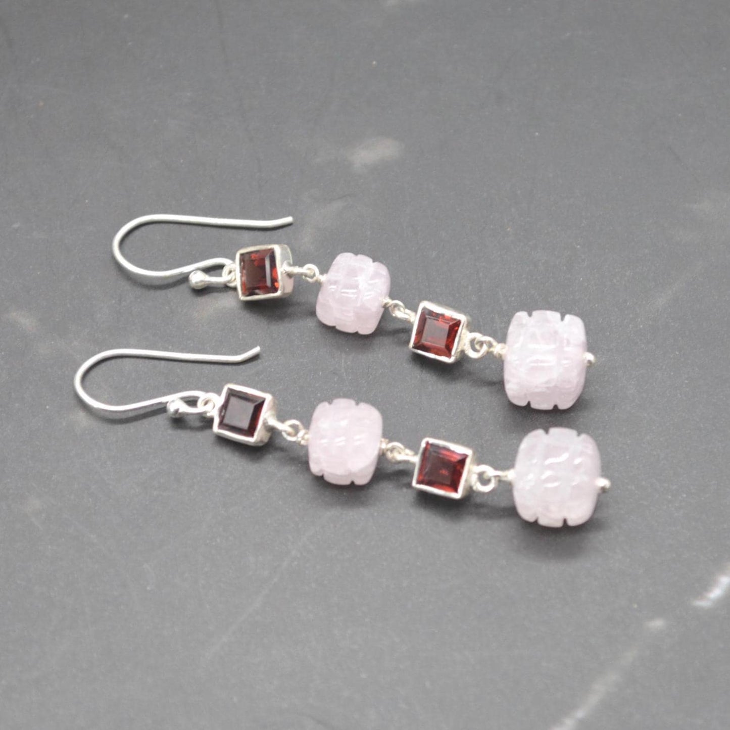 Pink Jade Red Garnet Silver Earrings: Gemstone Dangle Drop, January Birthstone Jewelry