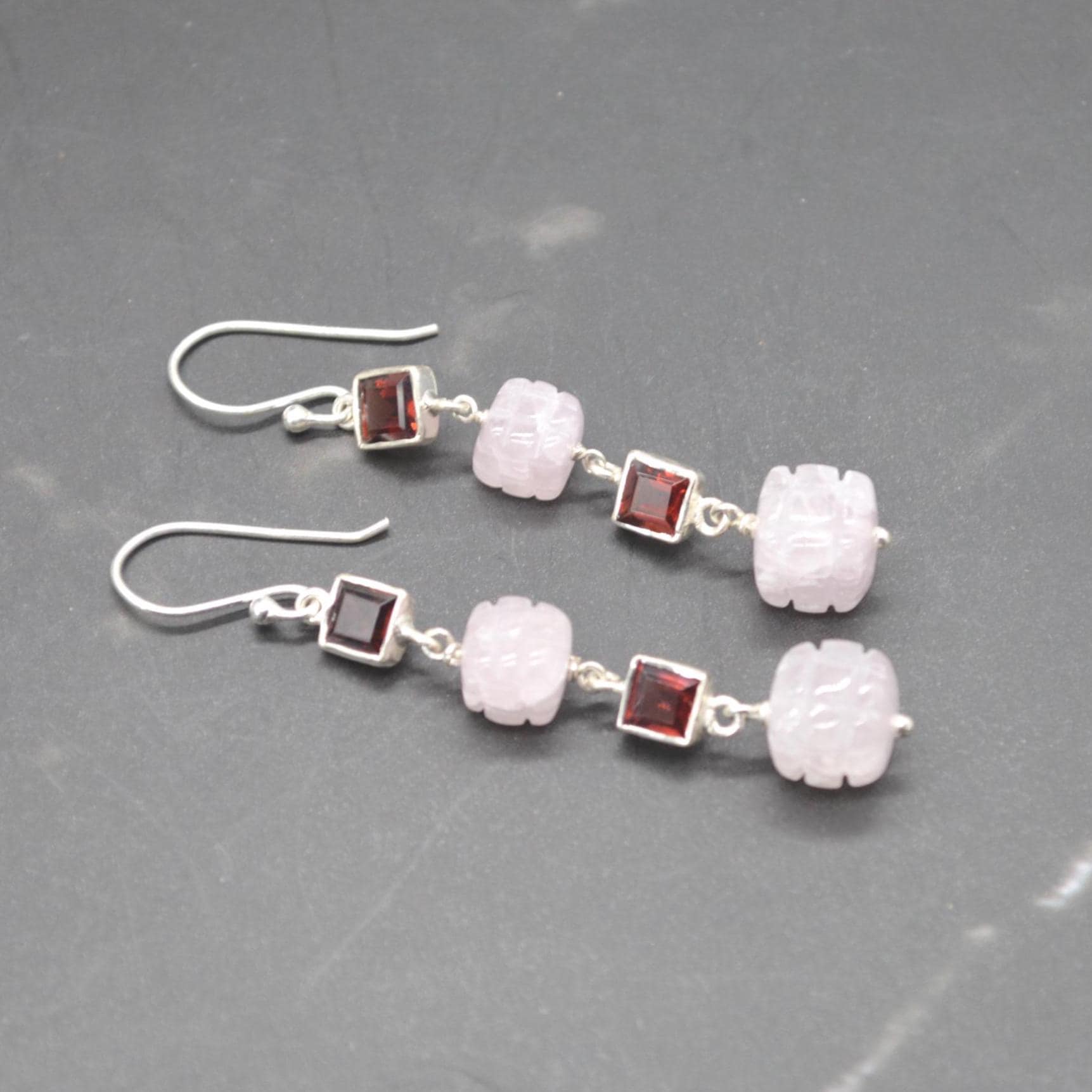 Pink Jade Red Garnet Silver Earrings: Gemstone Dangle Drop, January Birthstone Jewelry
