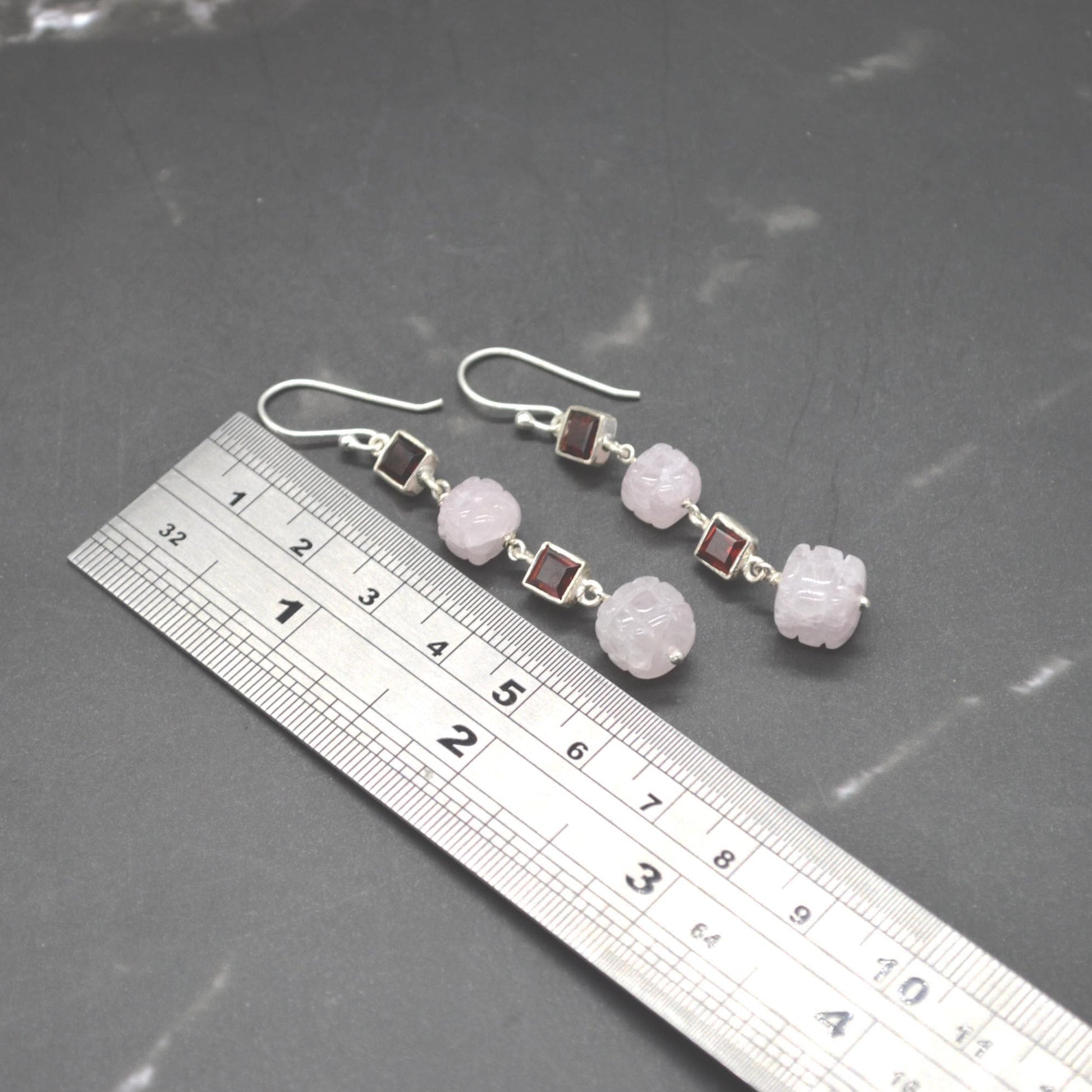 Pink Jade Red Garnet Silver Earrings: Gemstone Dangle Drop, January Birthstone Jewelry