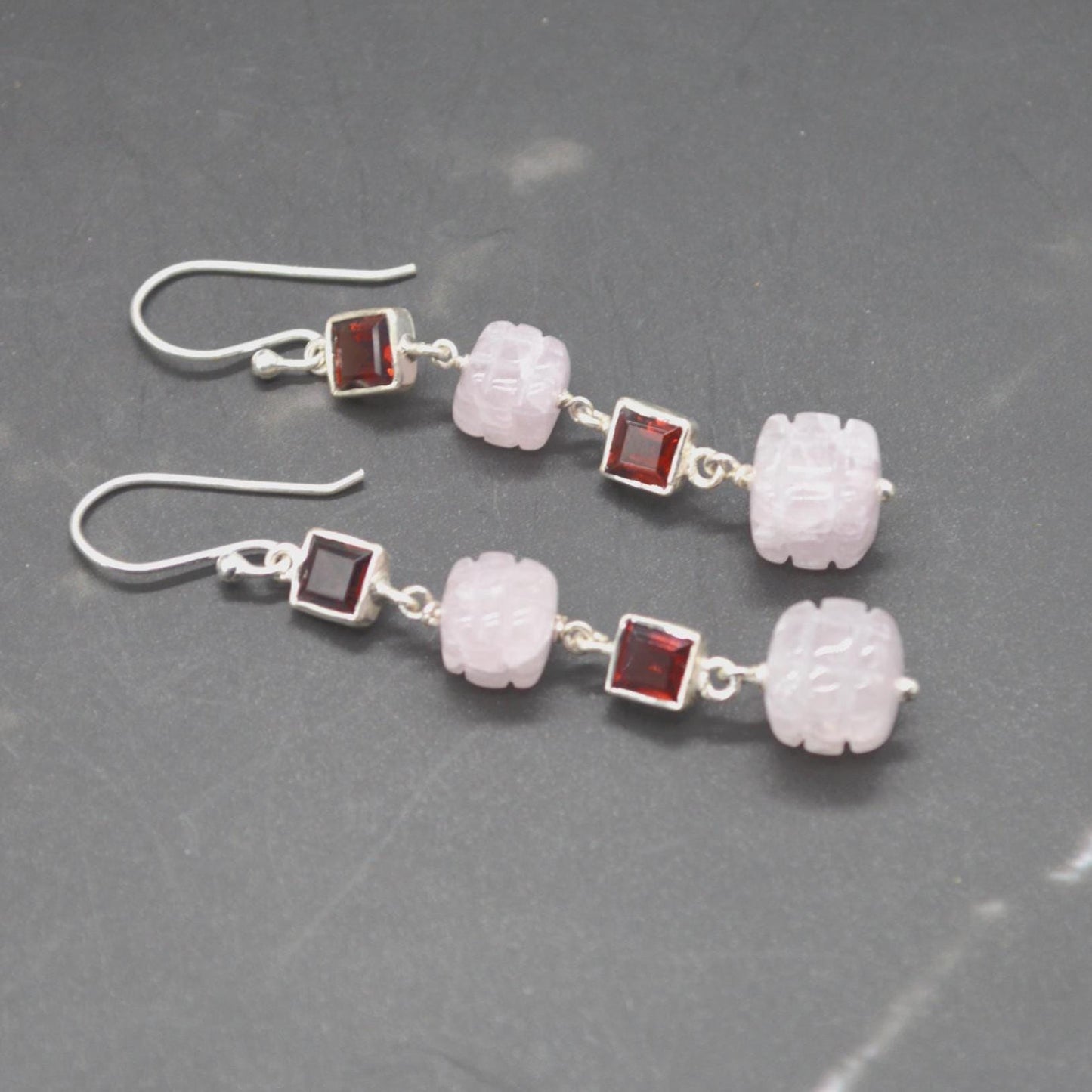 Pink Jade Red Garnet Silver Earrings: Gemstone Dangle Drop, January Birthstone Jewelry