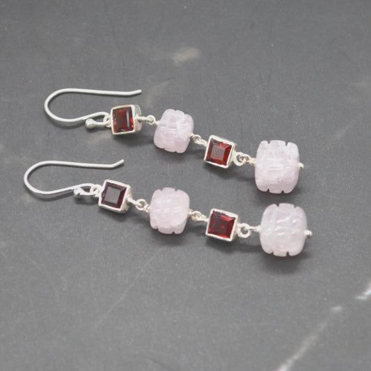 Pink Jade Red Garnet Silver Earrings: Gemstone Dangle Drop, January Birthstone Jewelry