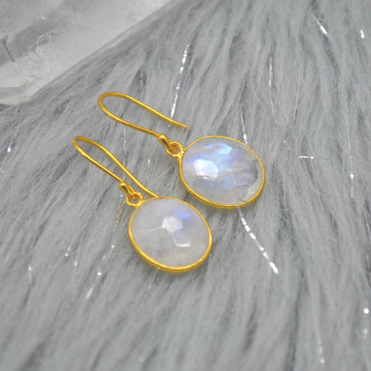 Rainbow Moonstone Gold Drop Earrings: Sterling Silver, June Birthstone, Oval Jewelry