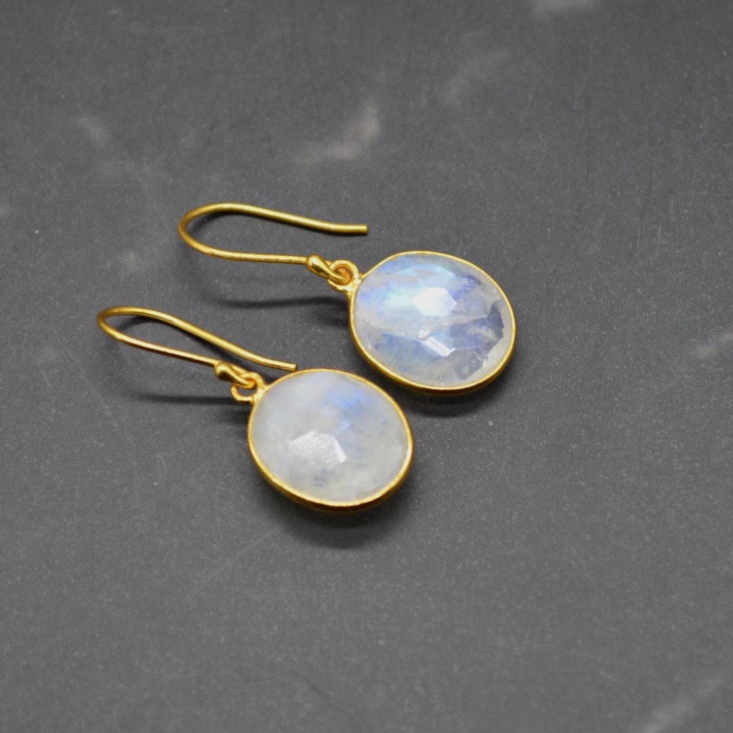 Rainbow Moonstone Gold Drop Earrings: Sterling Silver, June Birthstone, Oval Jewelry
