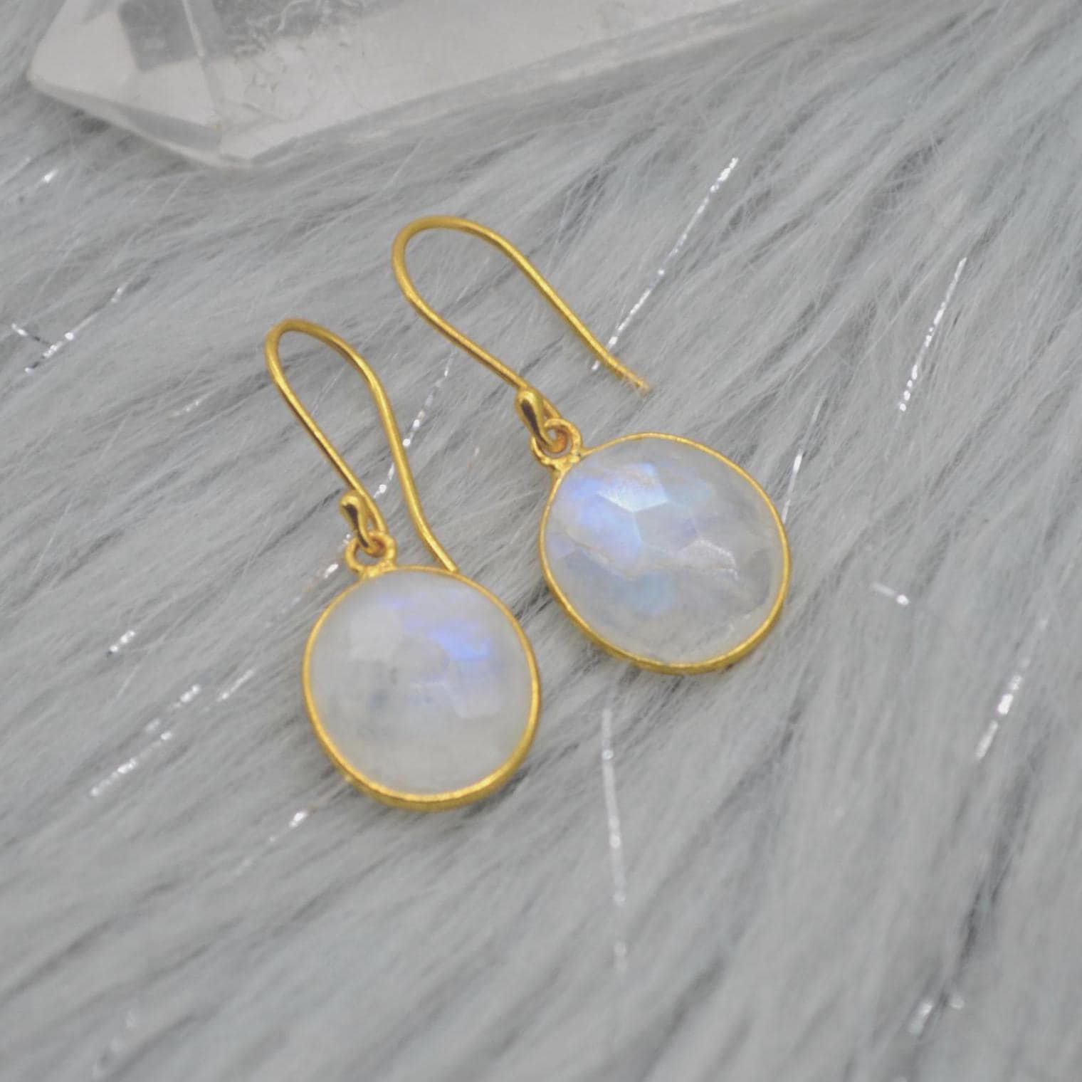 Rainbow Moonstone Gold Drop Earrings: Sterling Silver, June Birthstone, Oval Jewelry