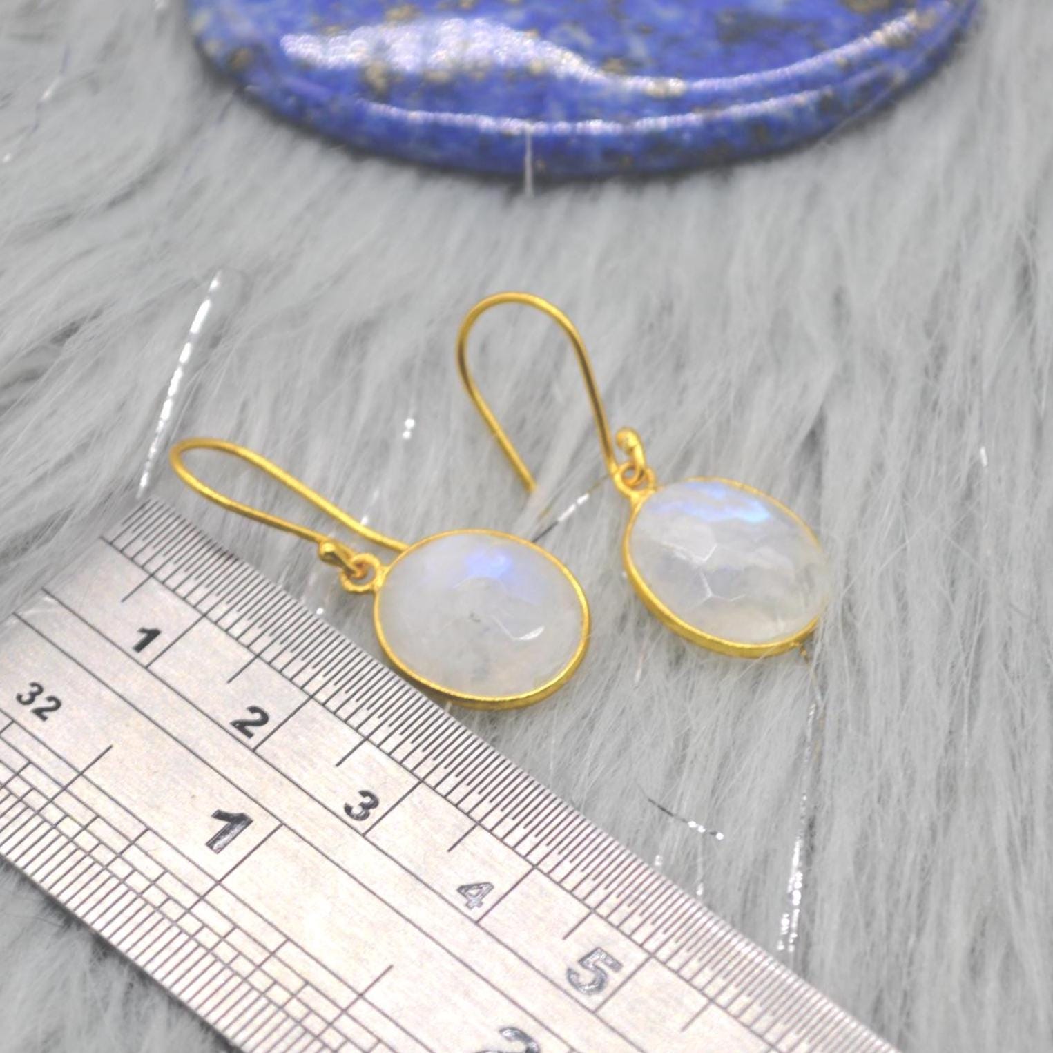 Rainbow Moonstone Gold Drop Earrings: Sterling Silver, June Birthstone, Oval Jewelry