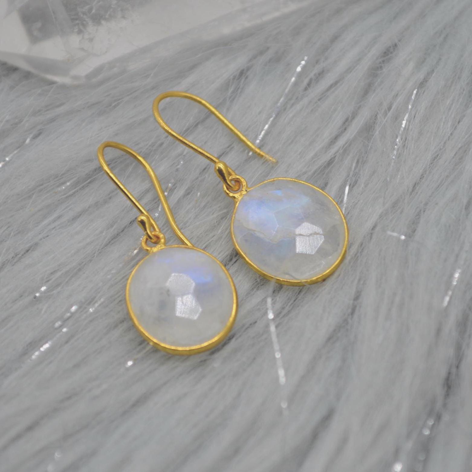 Rainbow Moonstone Gold Drop Earrings: Sterling Silver, June Birthstone, Oval Jewelry