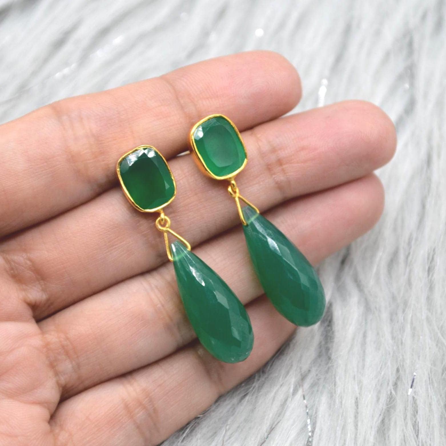 Green Onyx Gold Drop Earrings: Sterling Silver Jewelry, Gemstone Teardrop Earrings