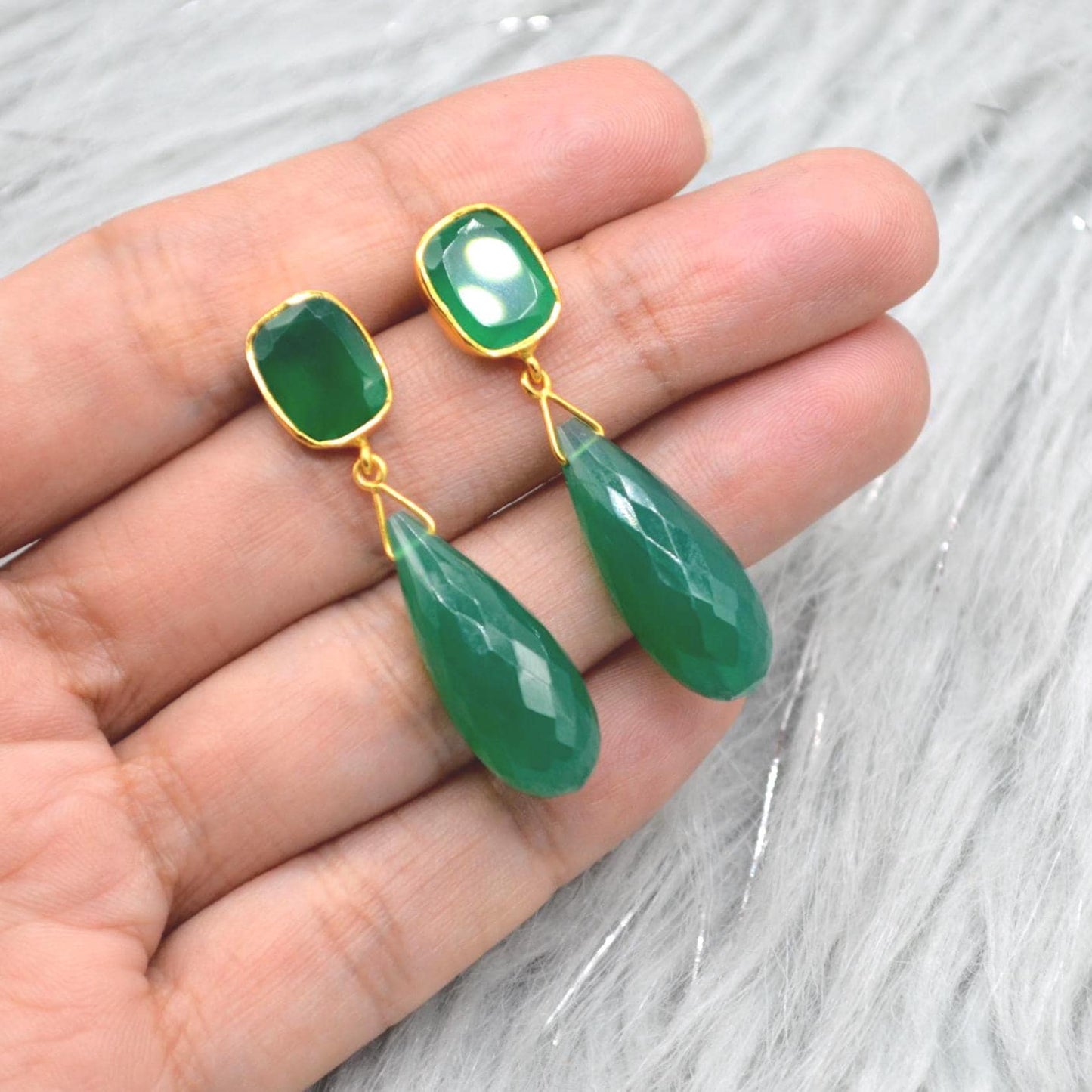 Green Onyx Gold Drop Earrings: Sterling Silver Jewelry, Gemstone Teardrop Earrings