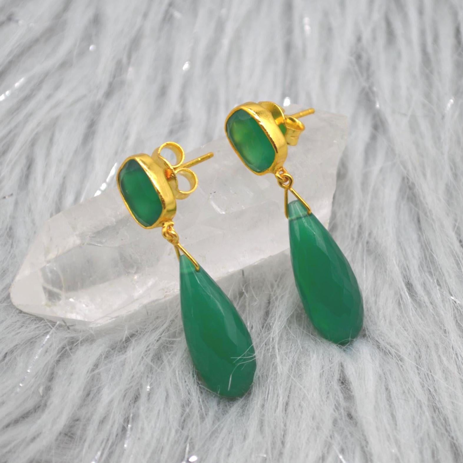 Green Onyx Gold Drop Earrings: Sterling Silver Jewelry, Gemstone Teardrop Earrings