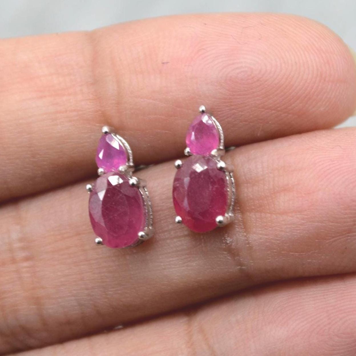 Red Ruby Sterling Silver Stud Earrings: Minimalist July Birthstone Jewelry