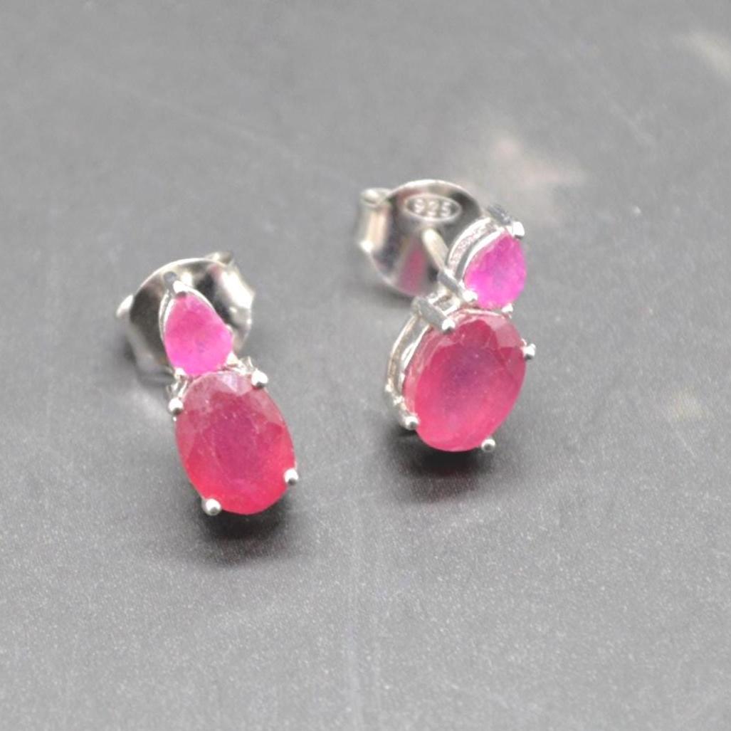 Red Ruby Sterling Silver Stud Earrings: Minimalist July Birthstone Jewelry