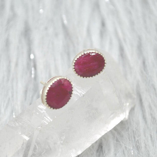 Red Sillimanite Silver Stud Earrings: Sterling Silver Oval Gemstone Jewelry