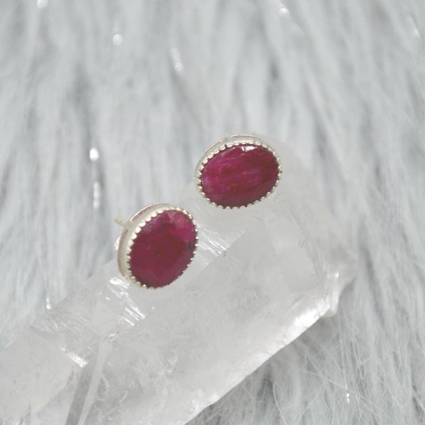 Red Sillimanite Silver Stud Earrings: Sterling Silver Oval Gemstone Jewelry