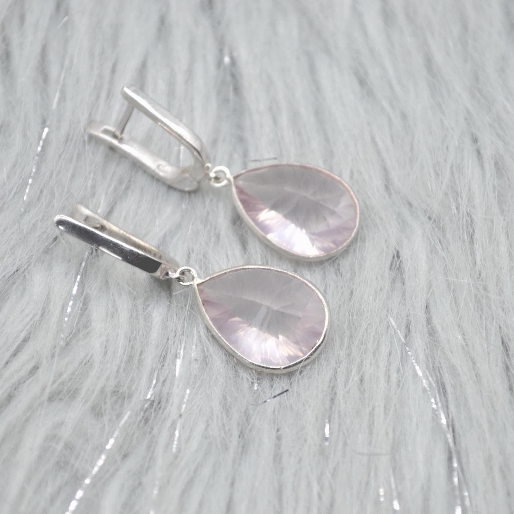 Rose Quartz Silver Teardrop Earrings: Handmade Pink Gemstone Jewelry