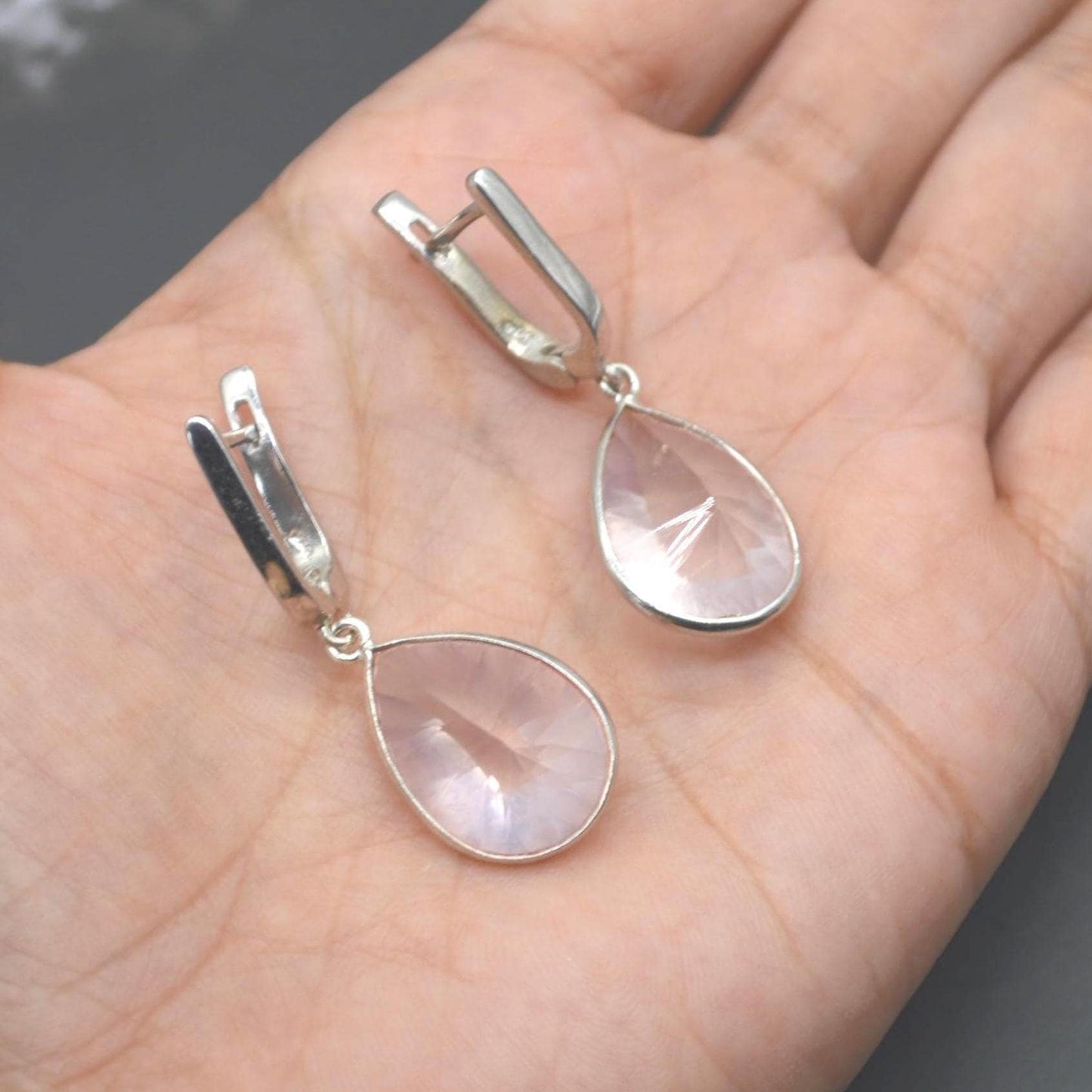 Rose Quartz Silver Teardrop Earrings: Handmade Pink Gemstone Jewelry