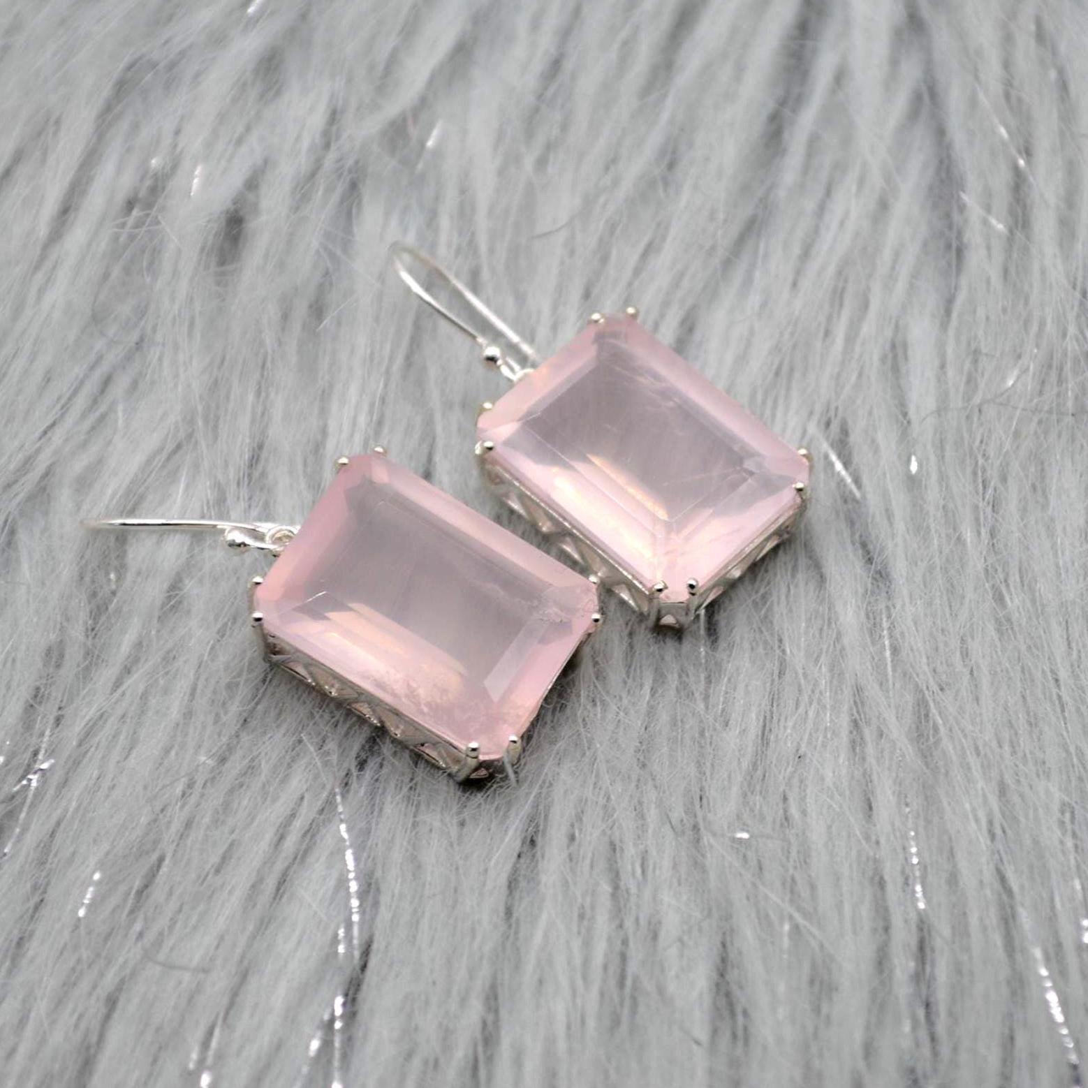 Rose Quartz Silver Earrings, Handmade Pink Gemstone Dangle Drop Jewelry