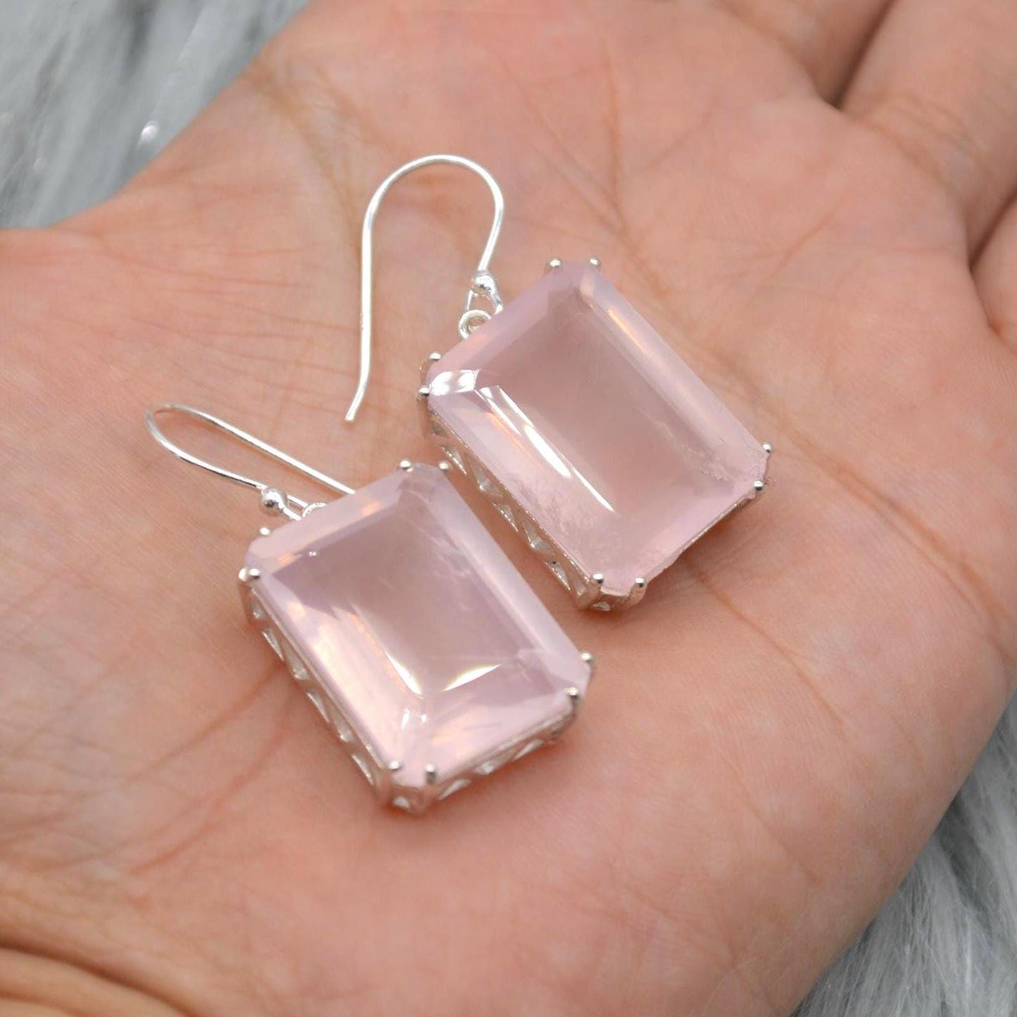 Rose Quartz Silver Earrings, Handmade Pink Gemstone Dangle Drop Jewelry