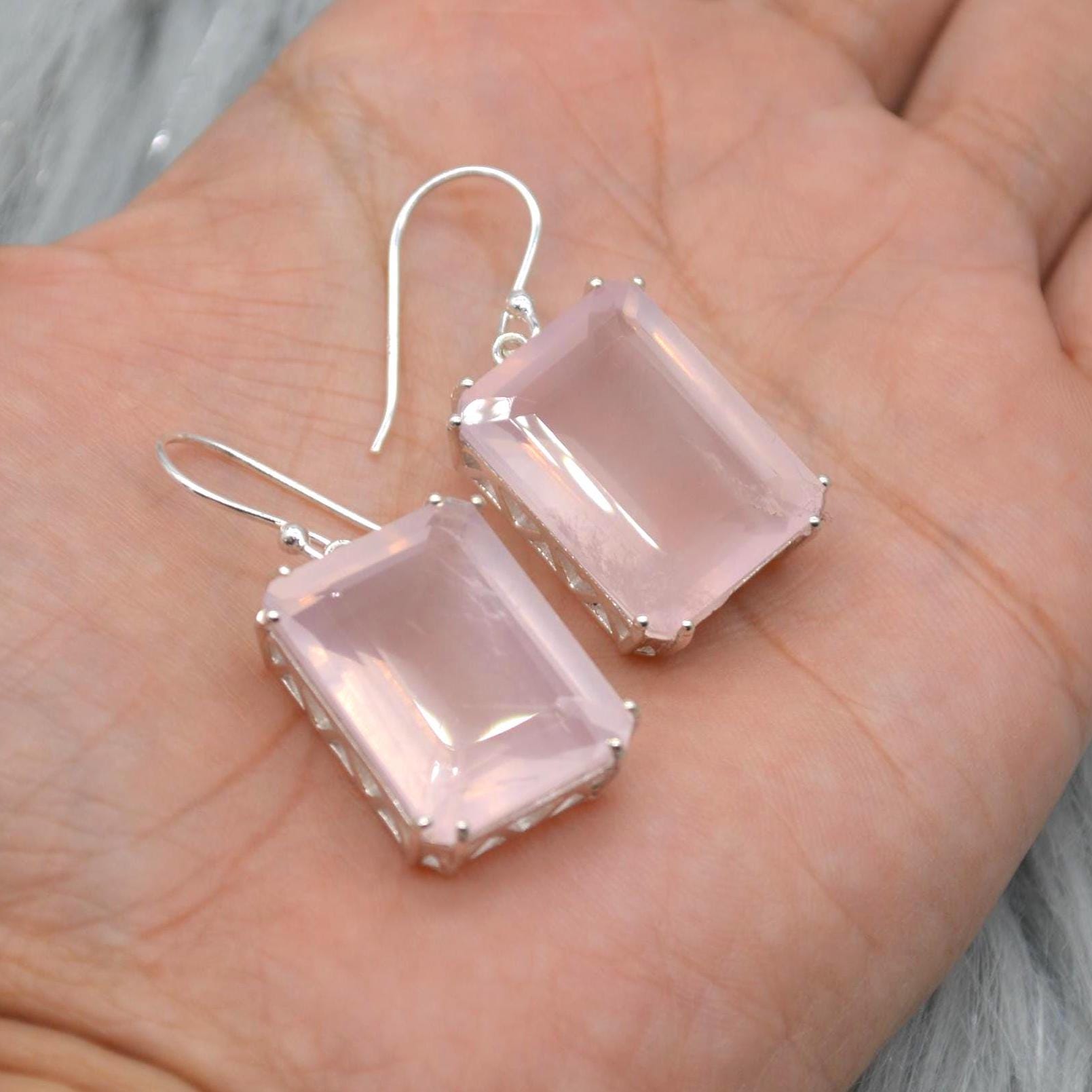 Rose Quartz Silver Earrings, Handmade Pink Gemstone Dangle Drop Jewelry