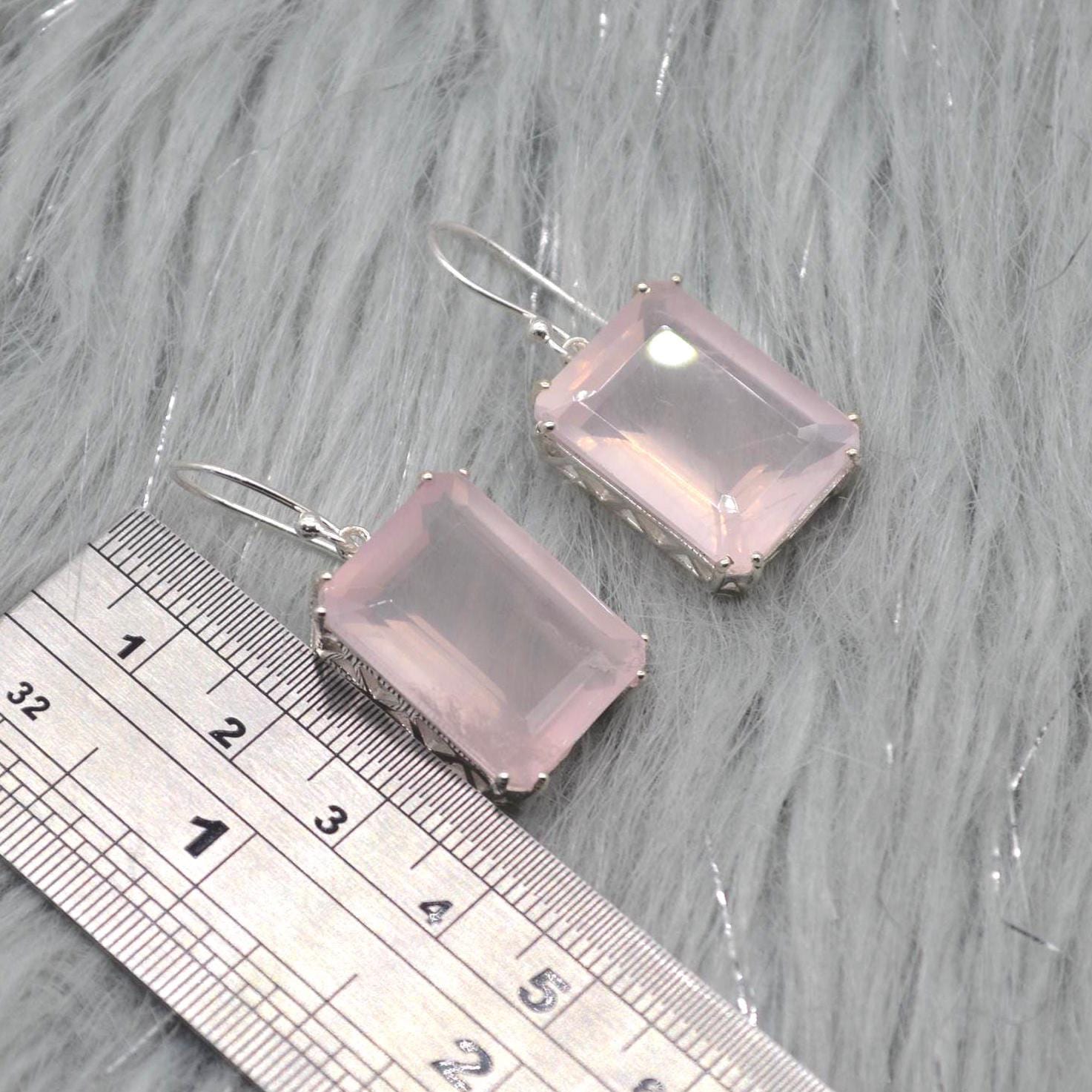 Rose Quartz Silver Earrings, Handmade Pink Gemstone Dangle Drop Jewelry