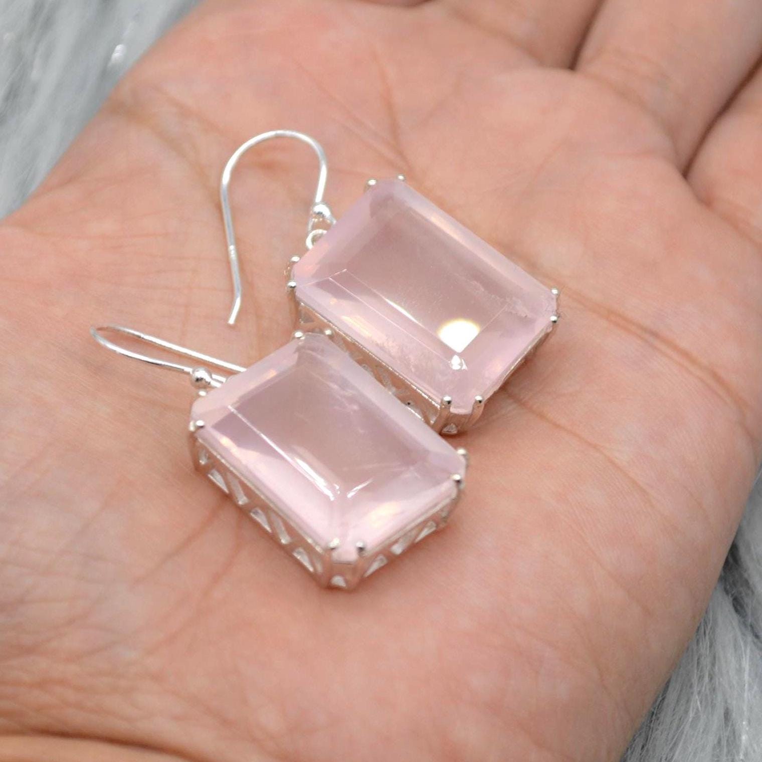 Rose Quartz Silver Earrings, Handmade Pink Gemstone Dangle Drop Jewelry