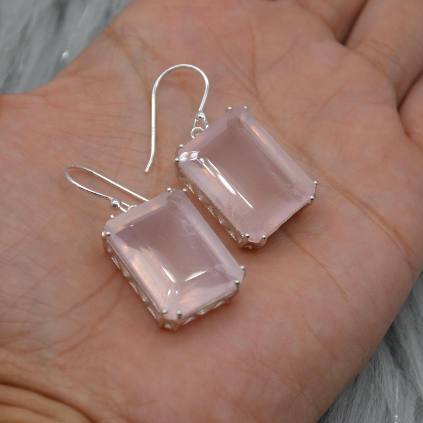 Rose Quartz Silver Earrings, Handmade Pink Gemstone Dangle Drop Jewelry