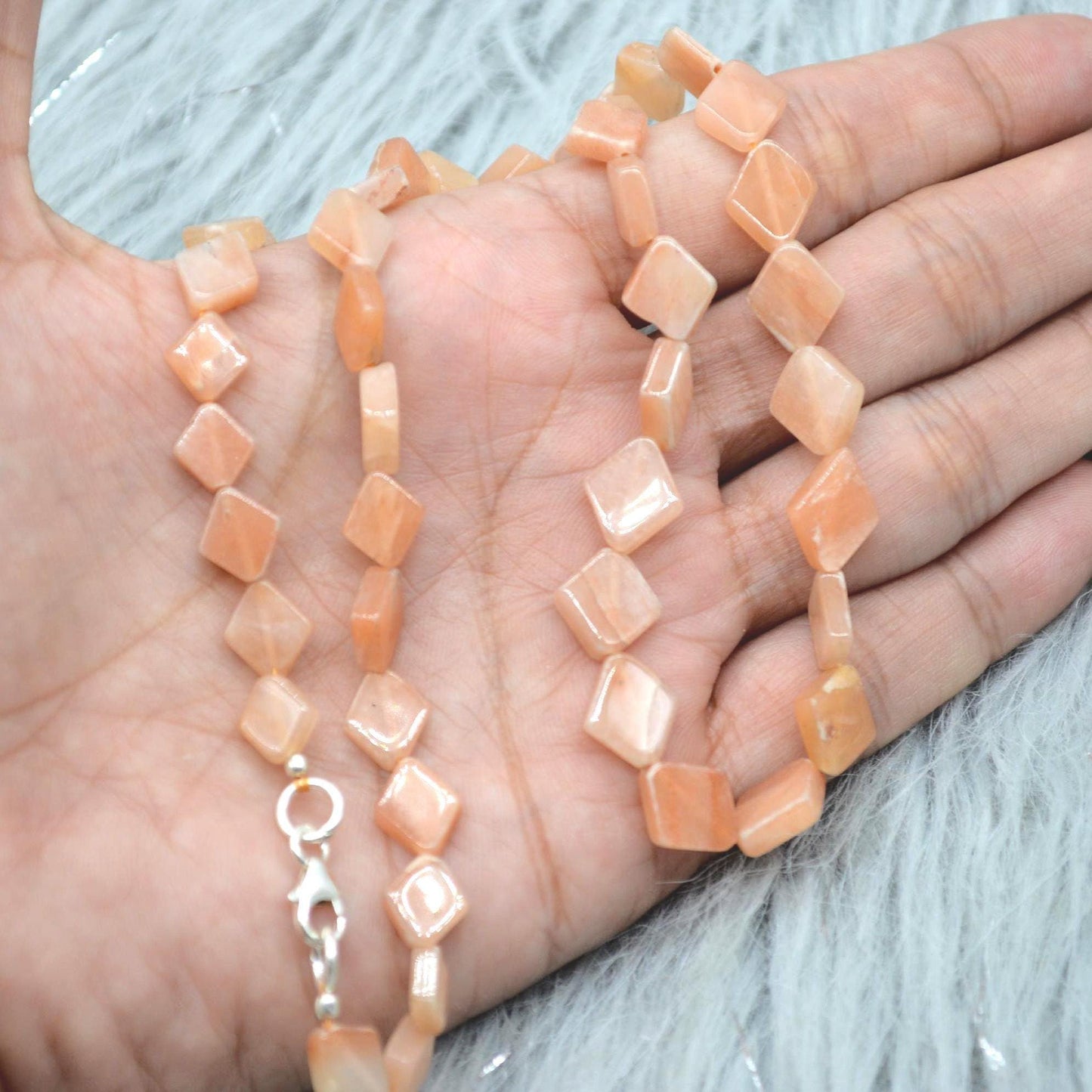 Peach Moonstone Beaded Necklace: Sterling Silver, Pink Gemstone Jewelry
