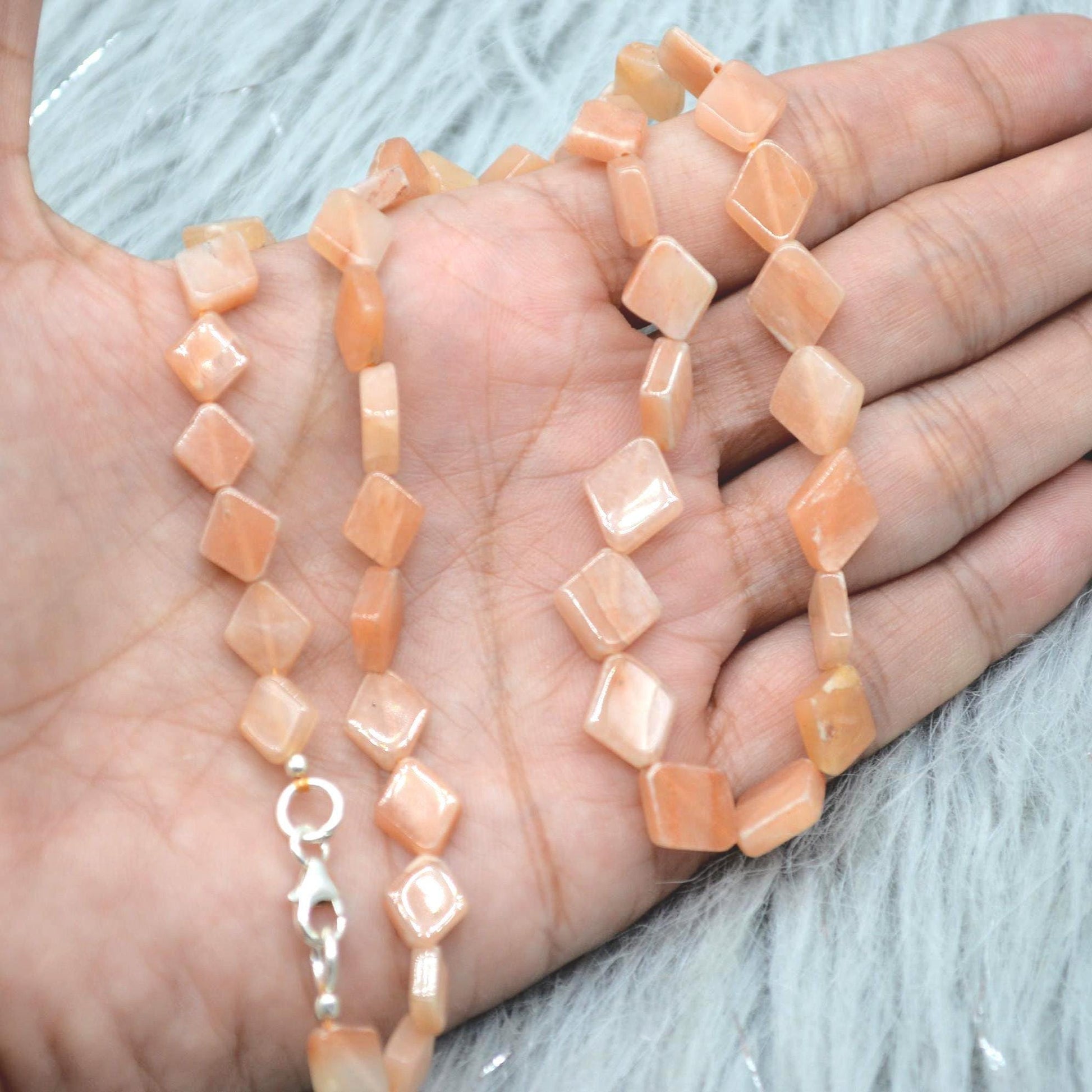 Peach Moonstone Beaded Necklace: Sterling Silver, Pink Gemstone Jewelry