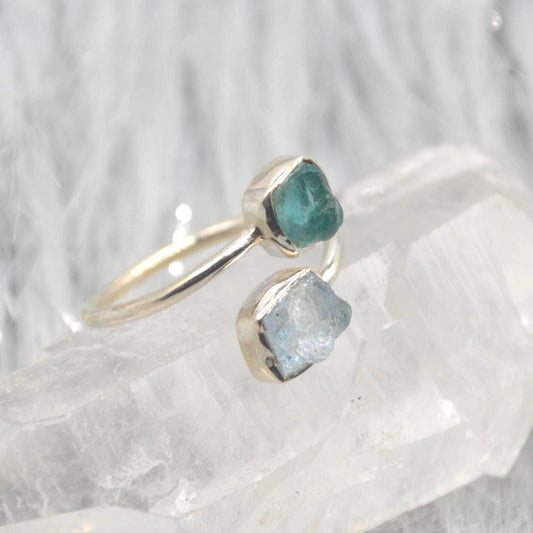 Raw Apatite Aquamarine Sterling Silver Ring: UK Size O, Blue Gemstone, March Birthstone