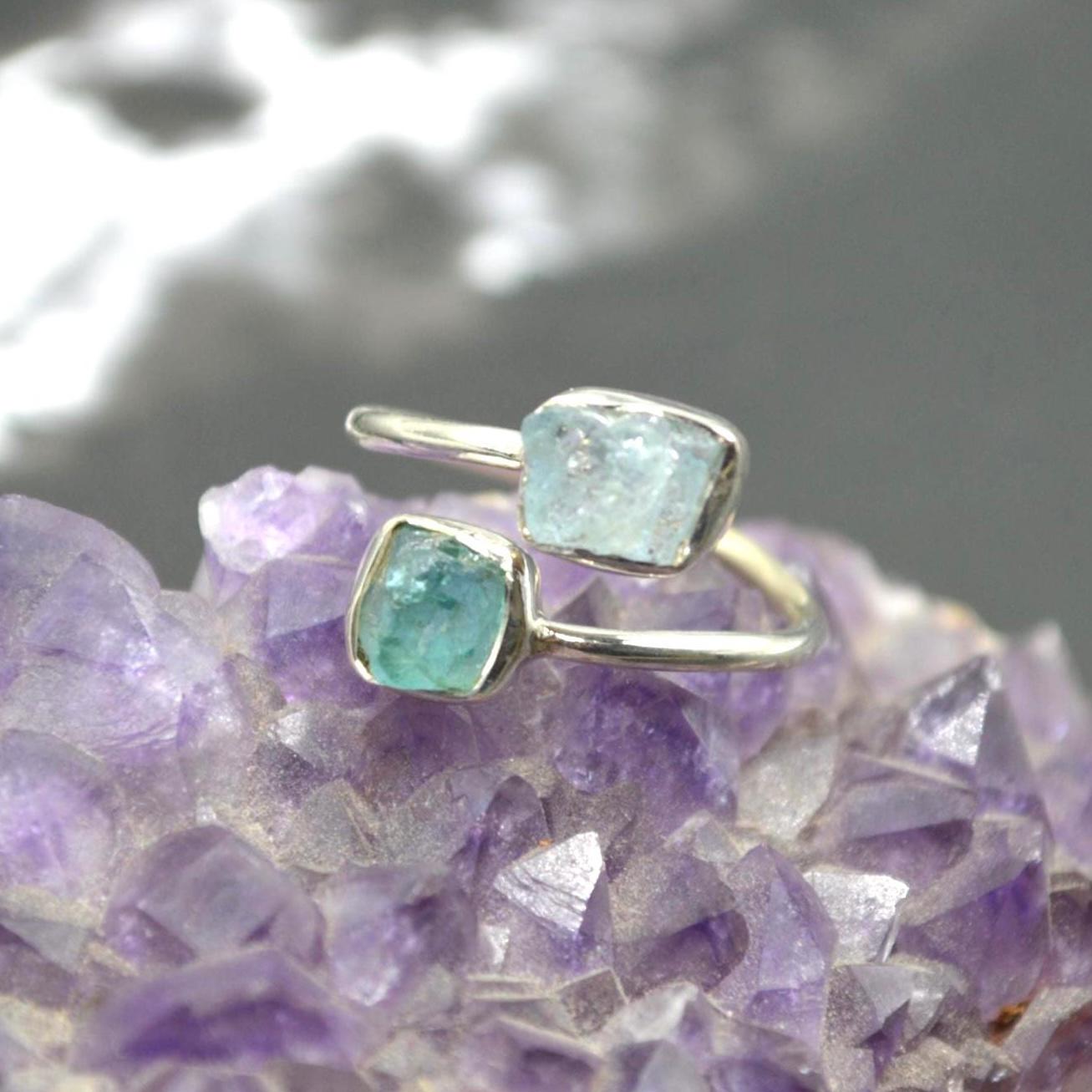 Raw Apatite Aquamarine Sterling Silver Ring: UK Size O, Blue Gemstone, March Birthstone