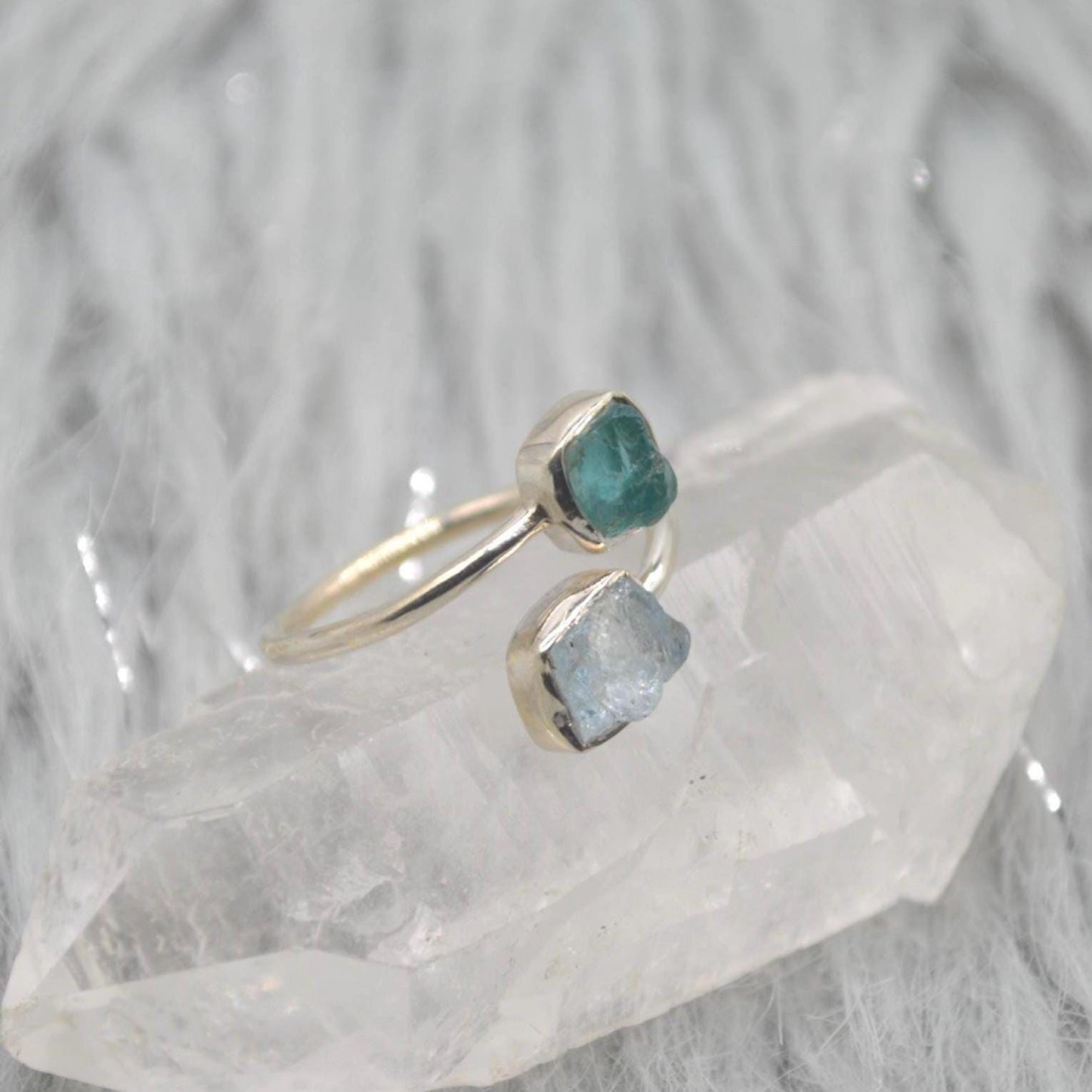 Raw Apatite Aquamarine Sterling Silver Ring: UK Size O, Blue Gemstone, March Birthstone