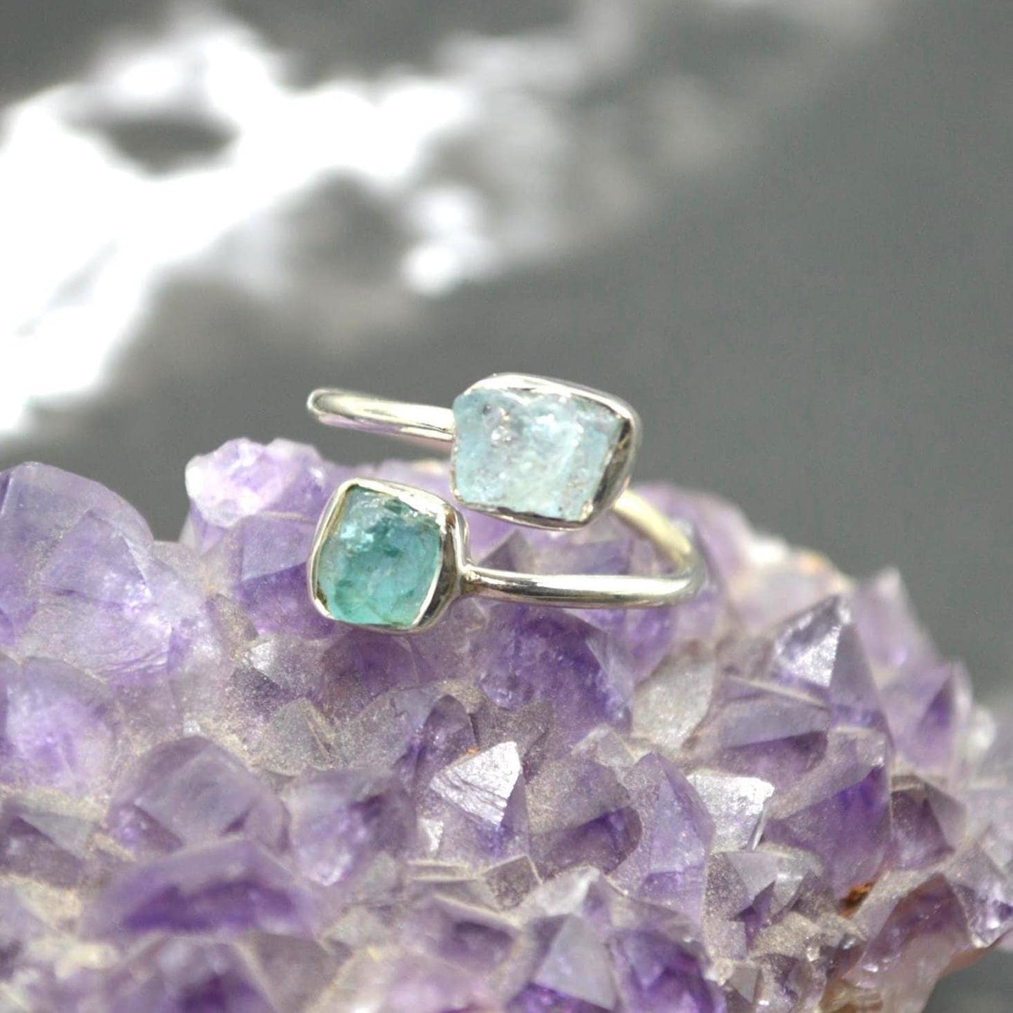 Raw Apatite Aquamarine Sterling Silver Ring: UK Size O, Blue Gemstone, March Birthstone