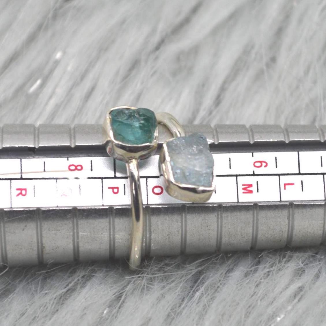 Raw Apatite Aquamarine Sterling Silver Ring: UK Size O, Blue Gemstone, March Birthstone