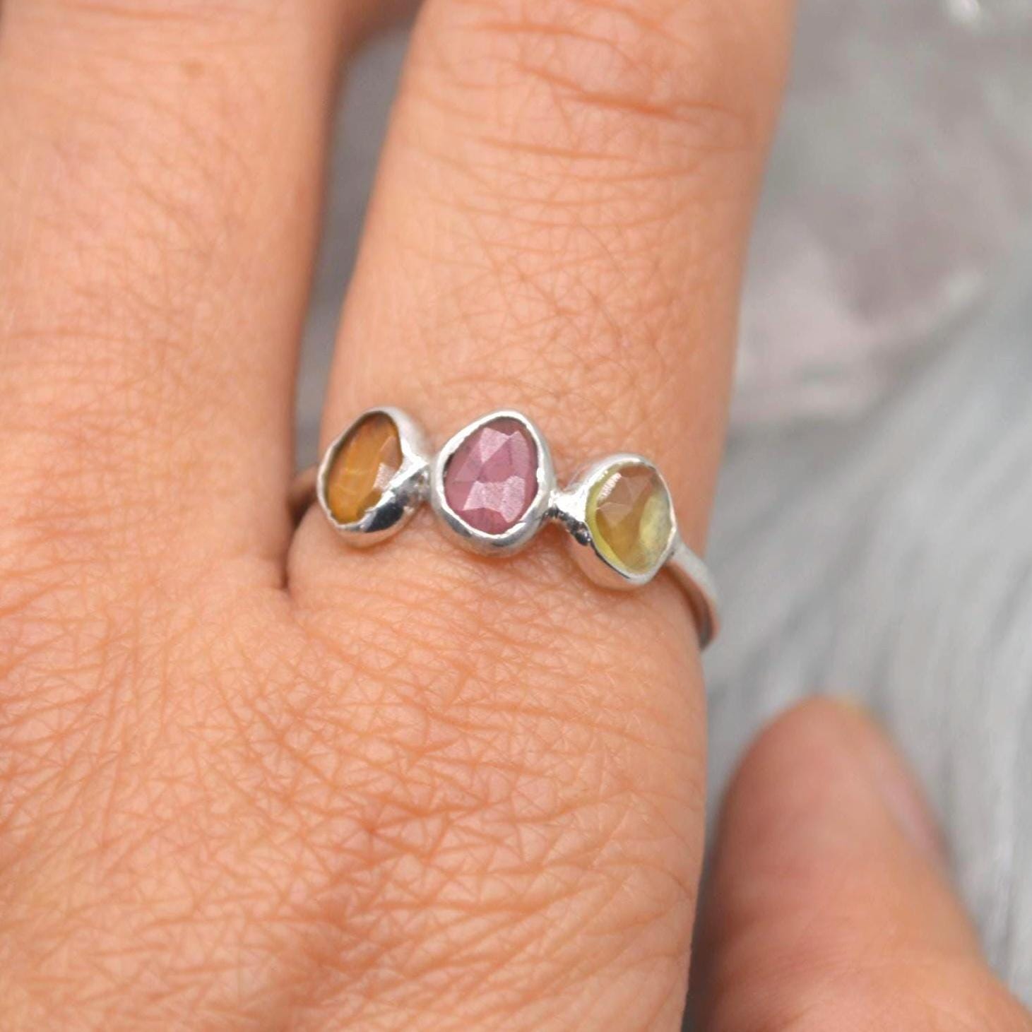 Green Pink Tourmaline Ring: Sterling Silver, October Birthstone, Tourmaline Jewelry, UK Size P